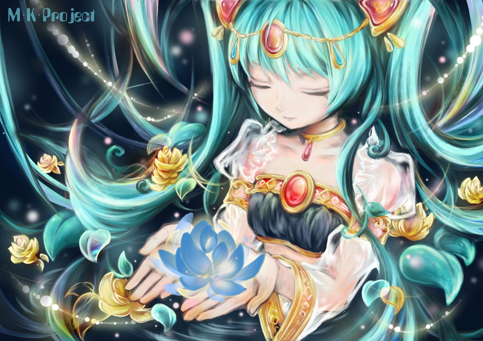 art hoshino chika vocaloid hatsune miku fille fleurs pétales vocaloid collier