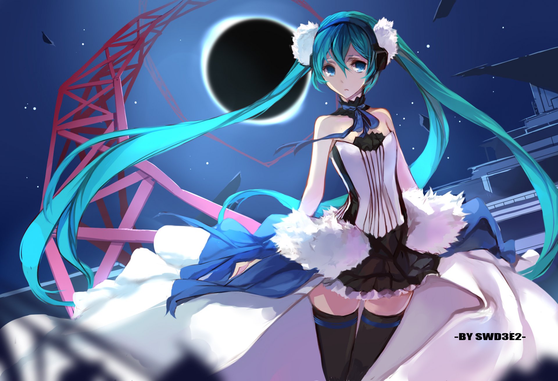 art swd3e2 7 dragon vocaloid hatsune miku fille lune nuit ciel étoiles larmes casque