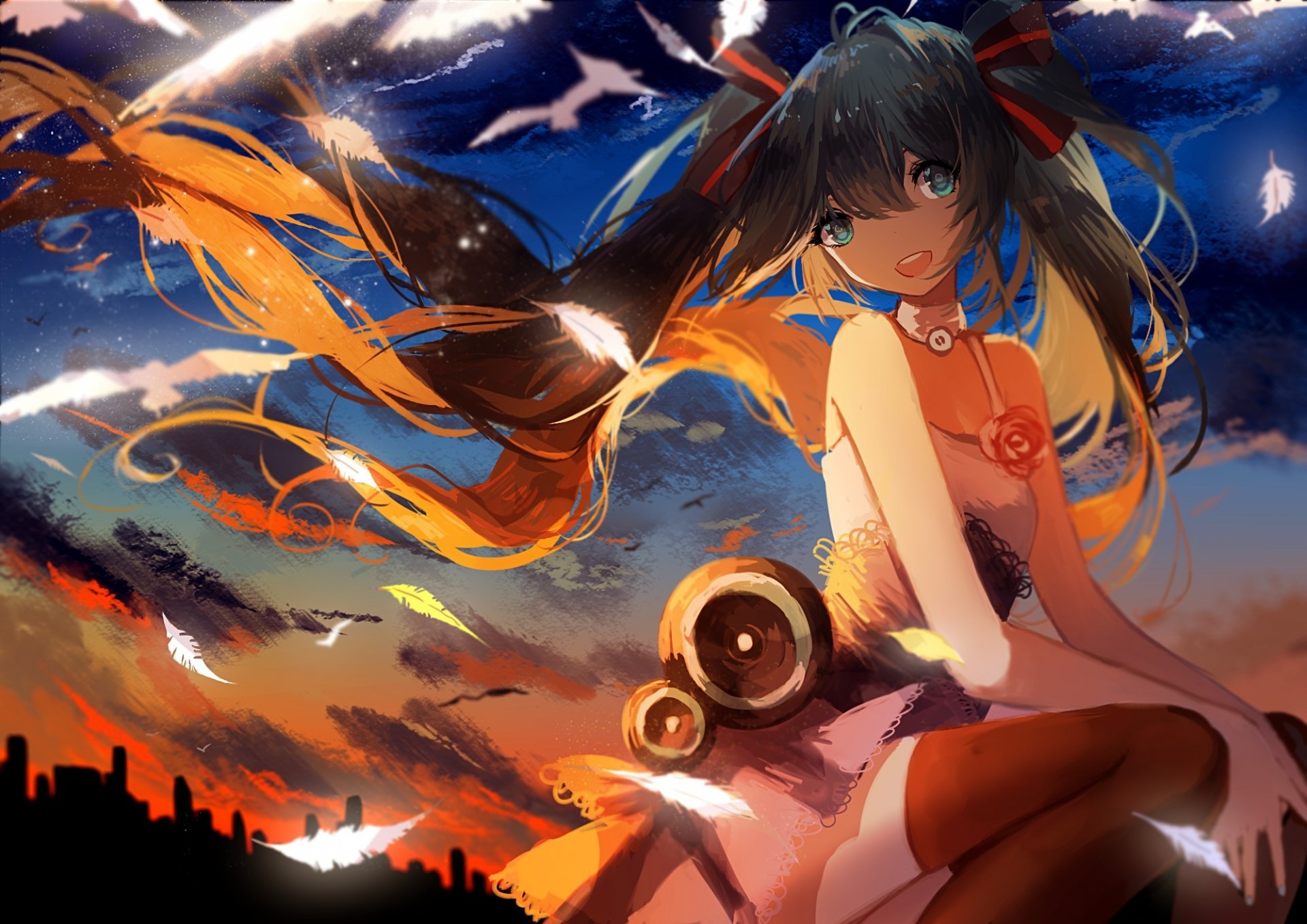 art coeur prophète vocaloid hatsune miku fille coucher de soleil ciel nuages plumes anime