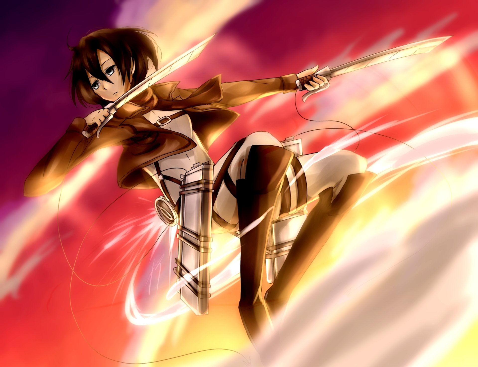 kunst mädchen mikasa ackerman blick gleichgültigkeit ruhe vertrauen geste schwingen klingen anpassungen rauch kein shingeki kein kyojin