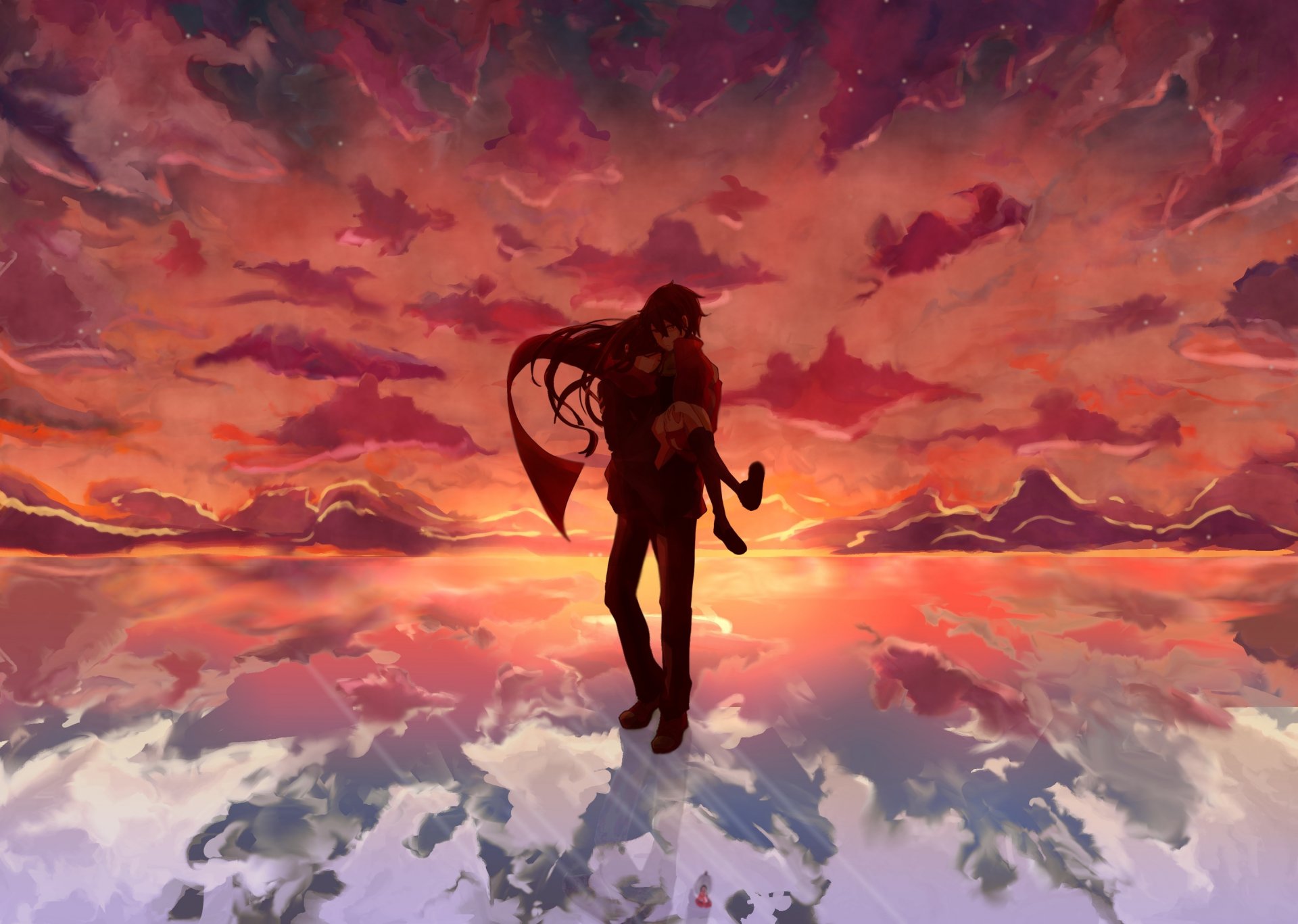 kunst kagerou projekt kisaragi sintaro tatayama ayano mädchen kerl sonnenuntergang himmel wolken schal anime