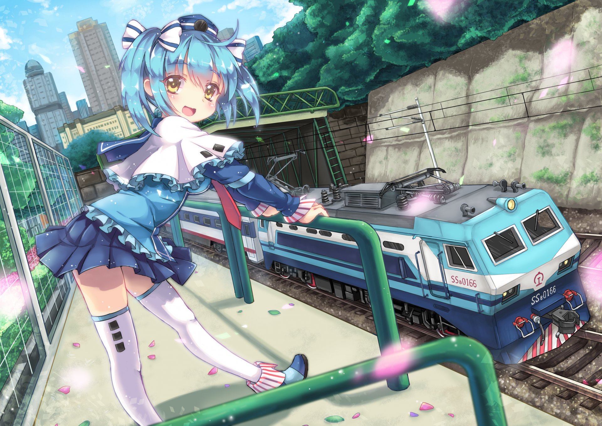 arte norte abyssor chica tren colegiala uniforme puente ciudad casa pétalos anime