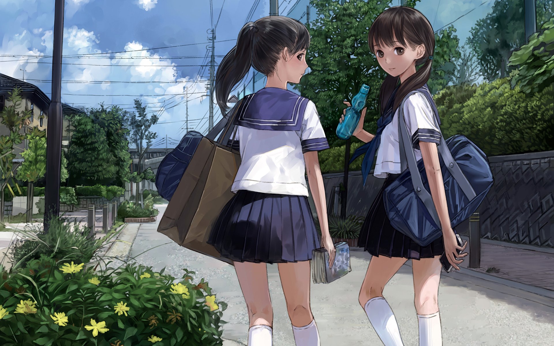 arte kishida tiza niñas colegialas uniforme calle agua botella