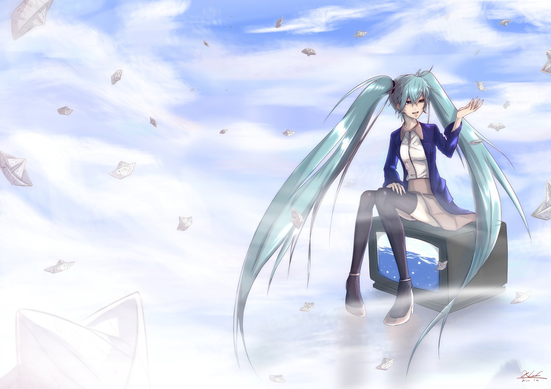 arte deathklovc vocaloid hatsune miku ragazza vocaloid nuvole cielo origami tv