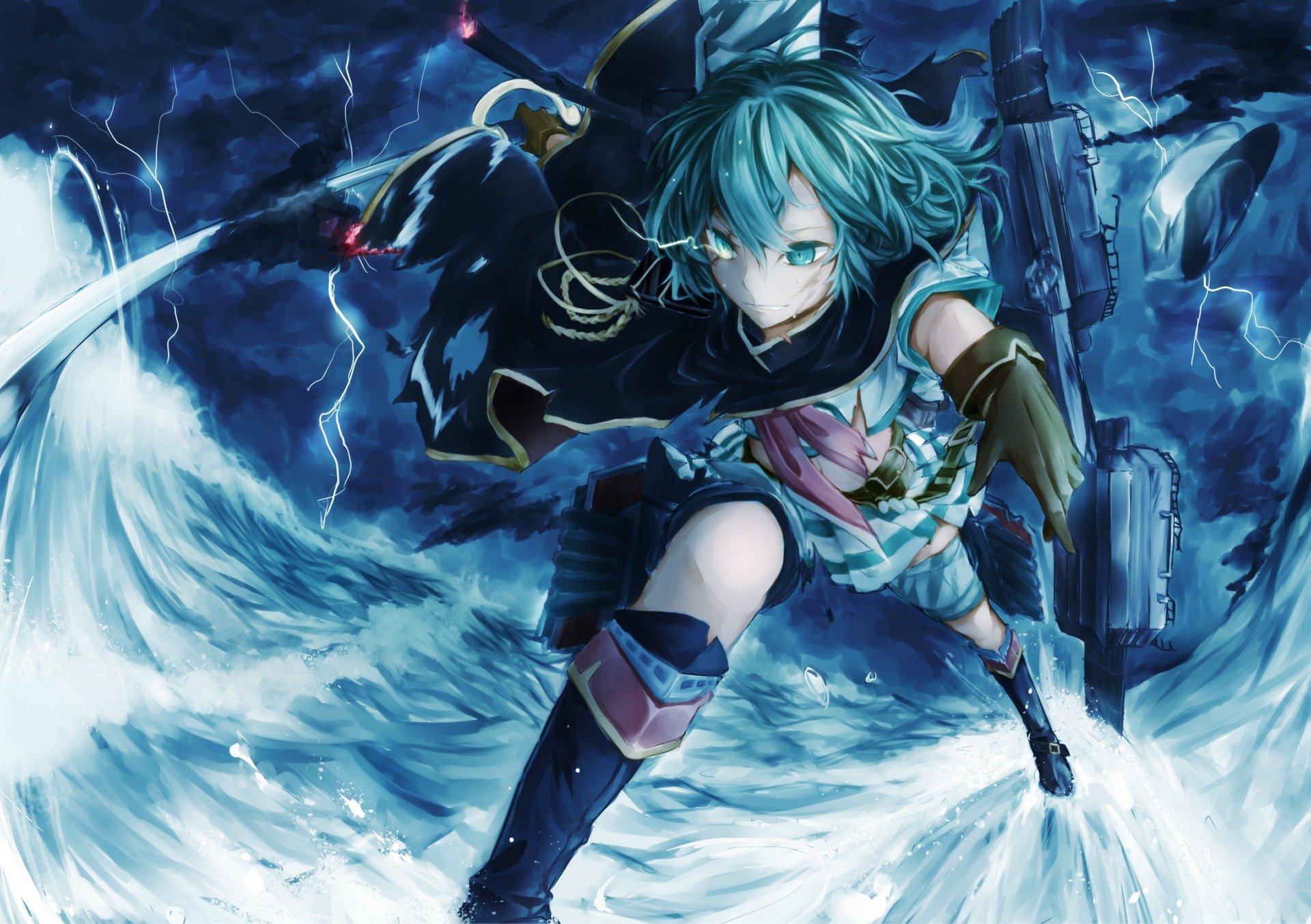 art gensou aporo kantai collection kiso dziewczyna broń błyskawica woda niebo chmury anime