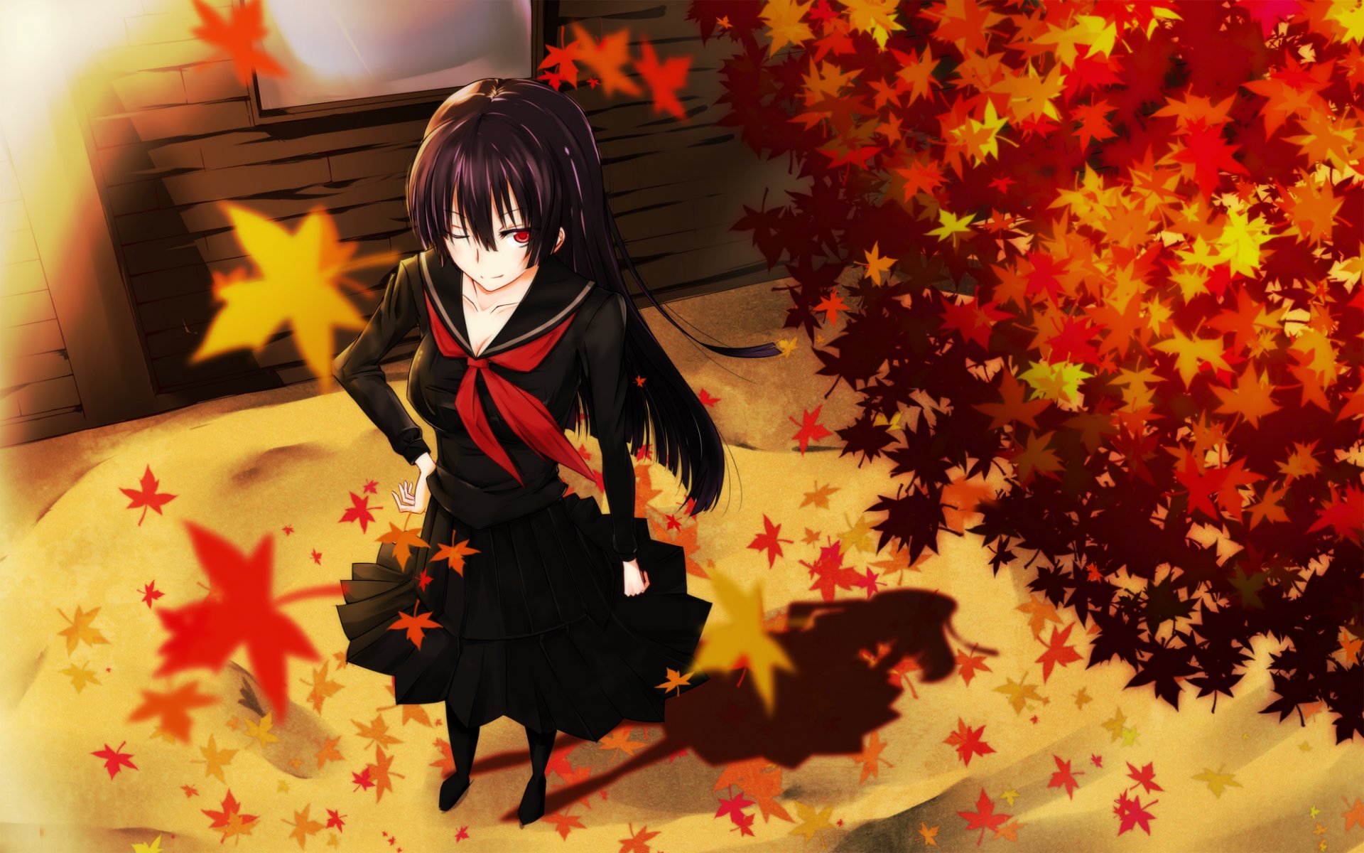 arte gensouki chica canoa yuko sonrisa colegiala otoño hojas viento tasogare otome x amnesia