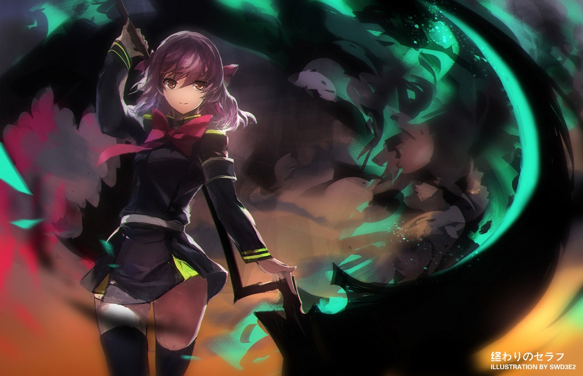 art swd3e2 anime owari no séraphin hiiragi shinoa fille tresse arme magie