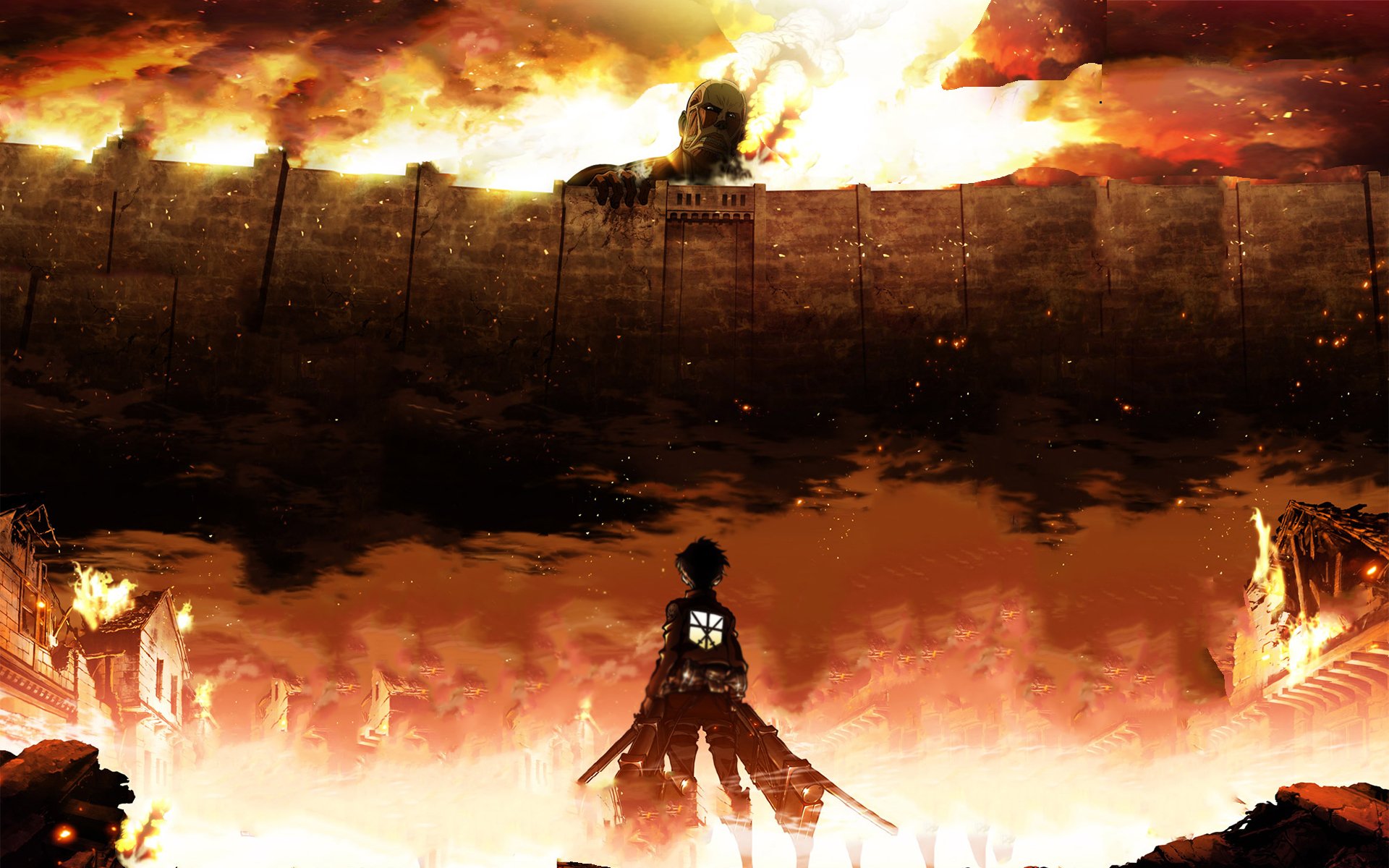 attaque sur titan eren jaeger art anime l invasion des géants shingeki pas kyojin ville mur feu