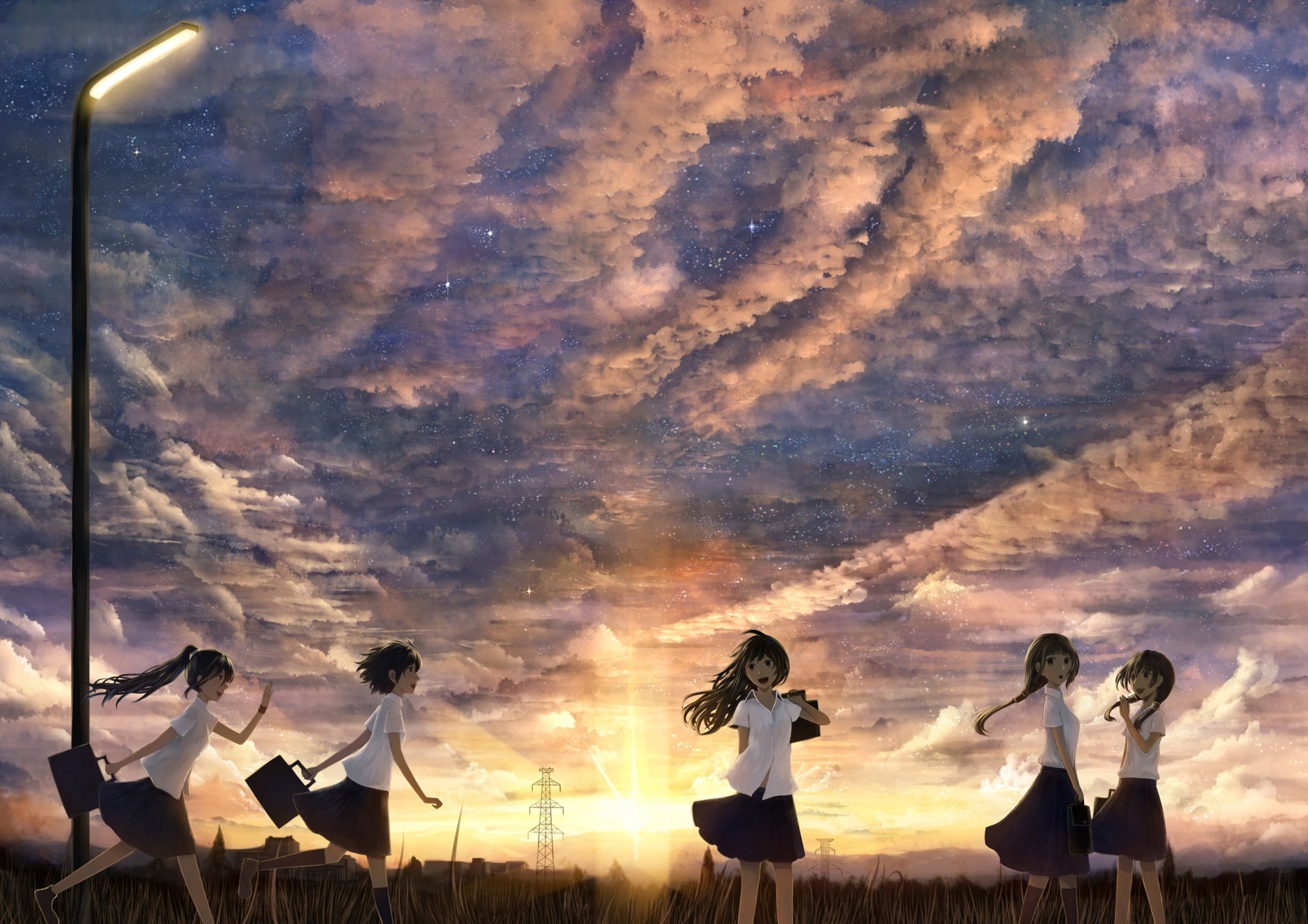 kunst bounin weiblich sonnenuntergang himmel anime wolken sonne laterne zuhause