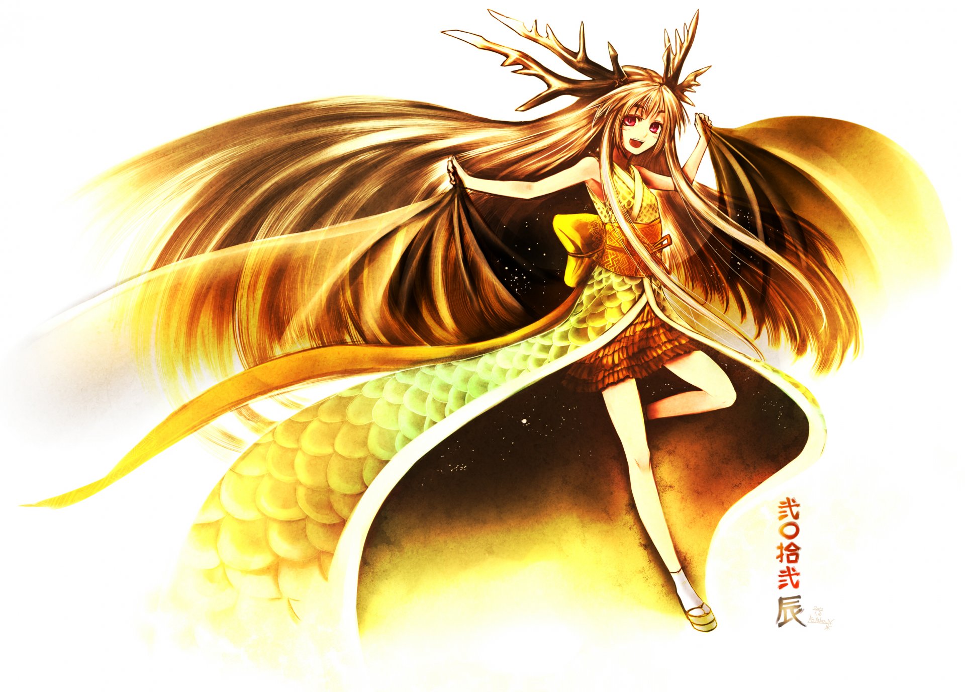 art kotoba noriaki girl wings horn hair kimono happiness anime