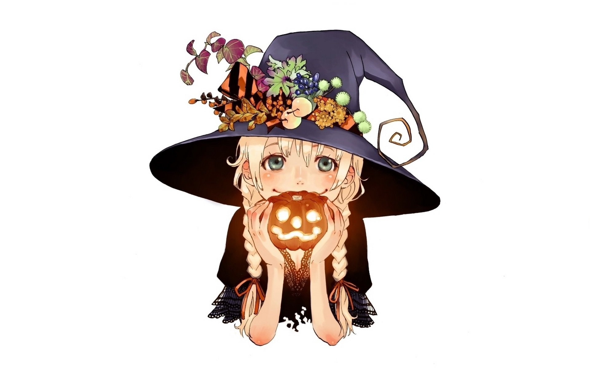 happy halloween girl hat pigtails smile pumpkin ruki.svetilnik white background