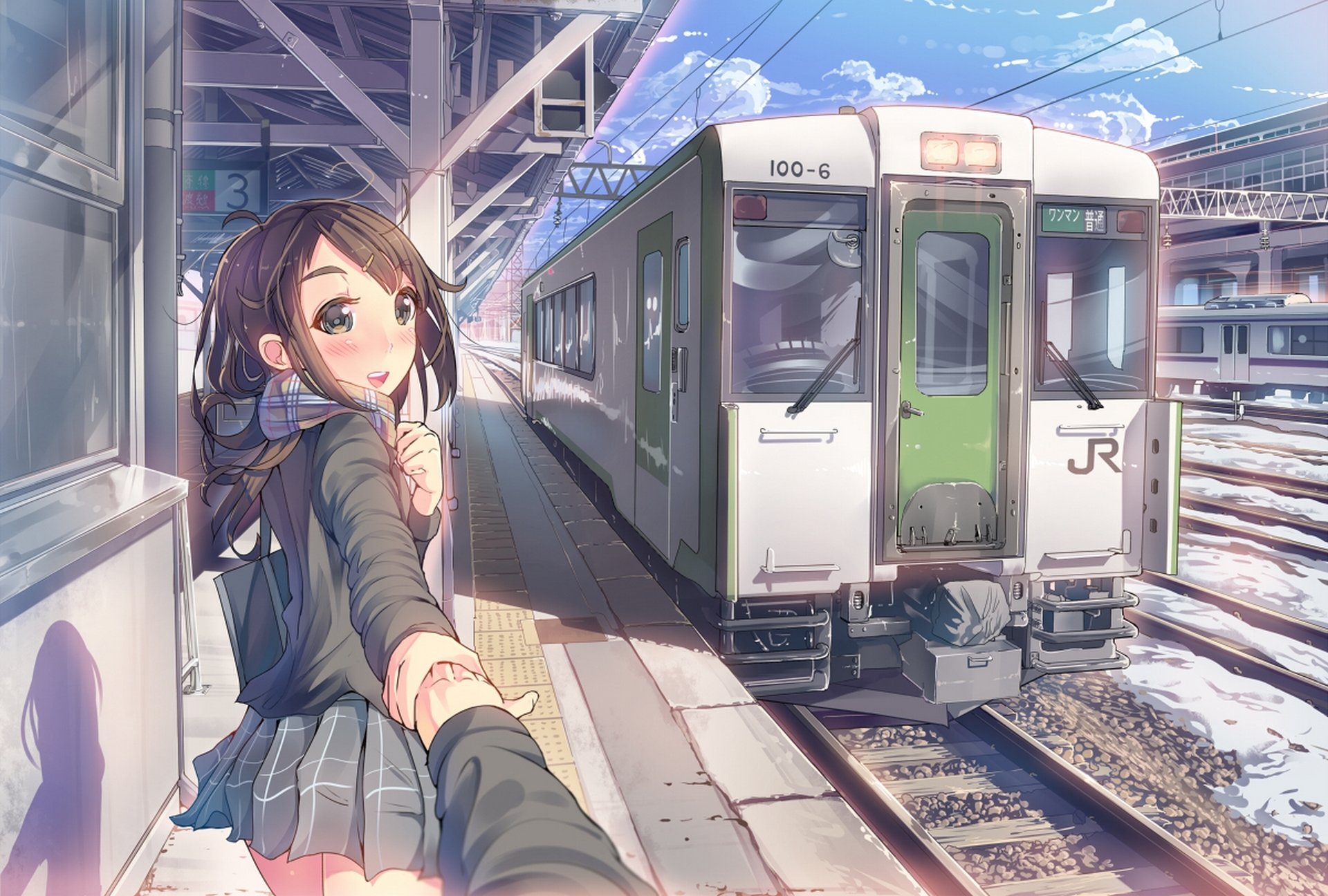 art daito girl train scarf hand car smile schoolgirl form sky clouds anime