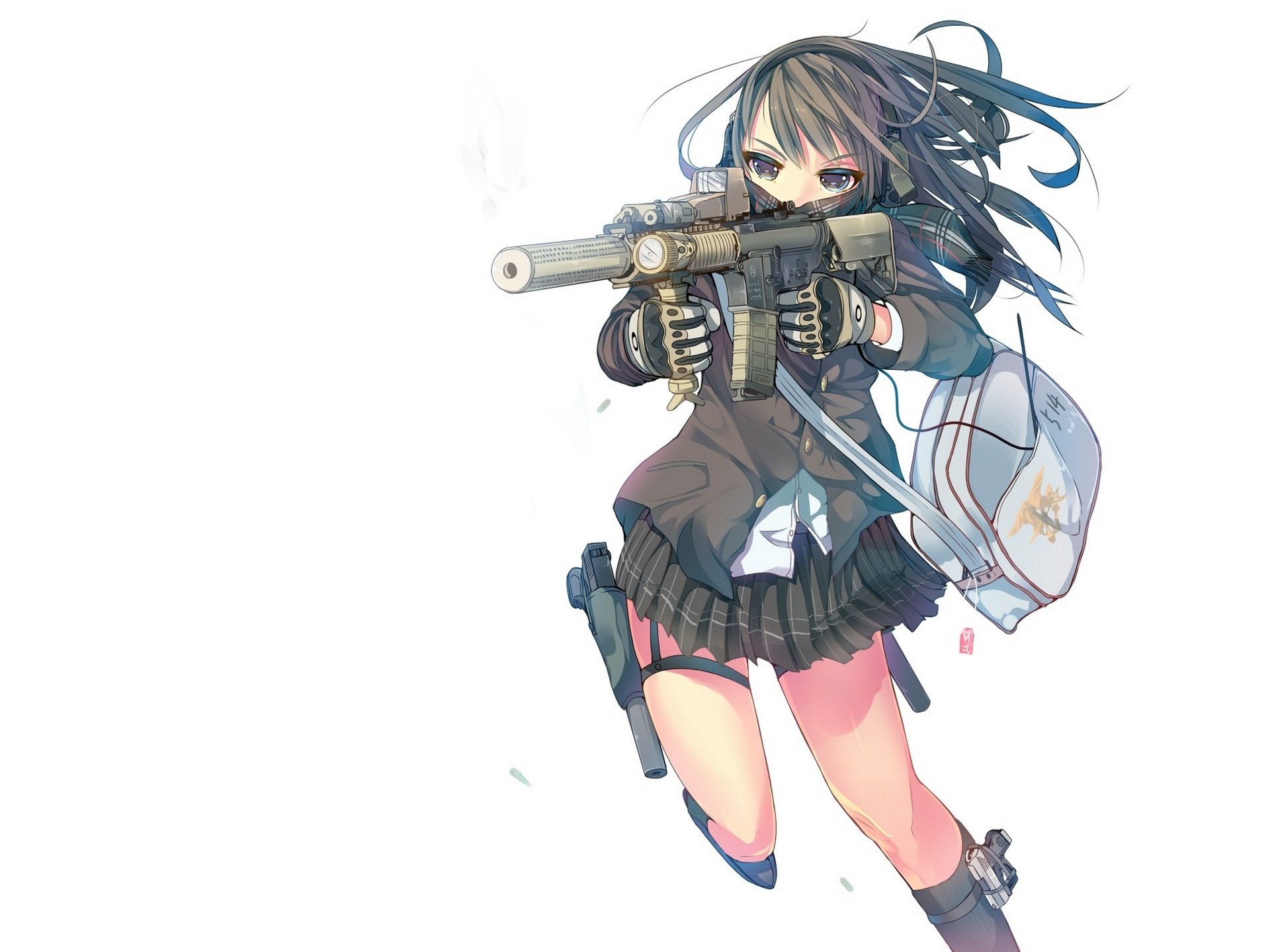 kunst daito mädchen waffe tasche schal kopfhörer schulmädchen uniform anime