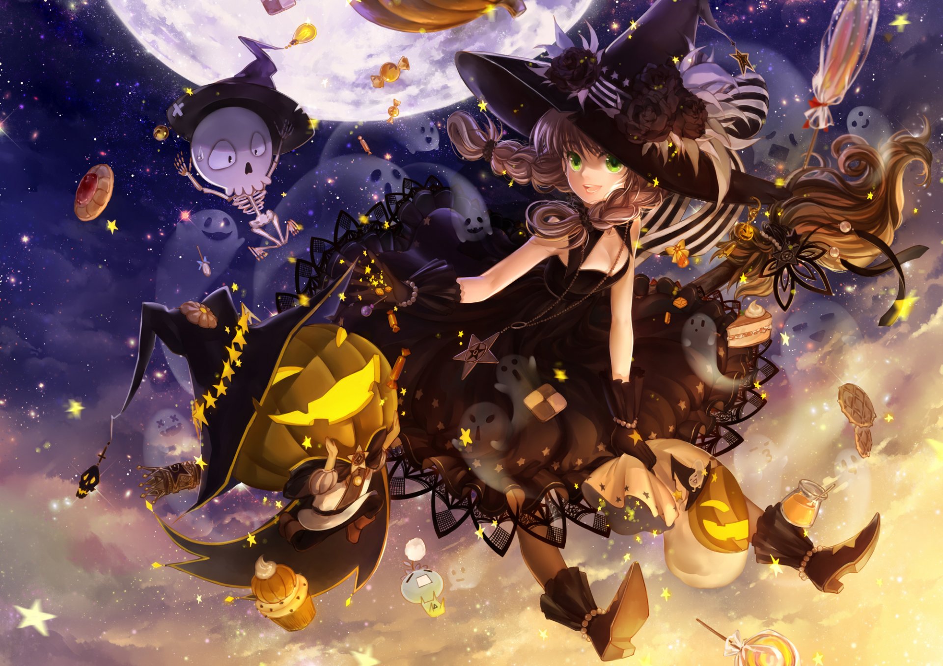 art huazha01 halloween girl hat witch holiday pumpkin night sky moon candy skeleton broom anime