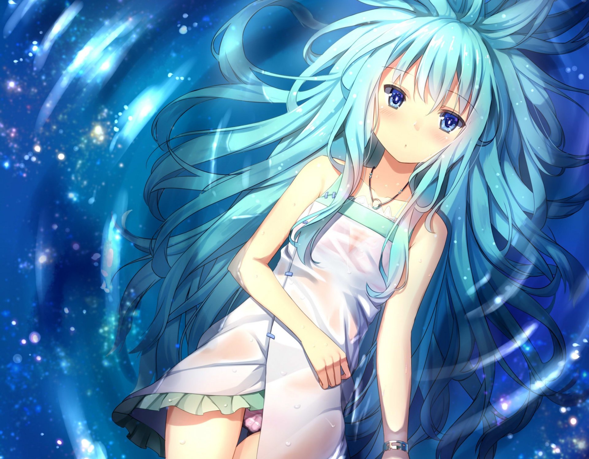 art alexmaster girl water night star reflection wet underwear hair anime