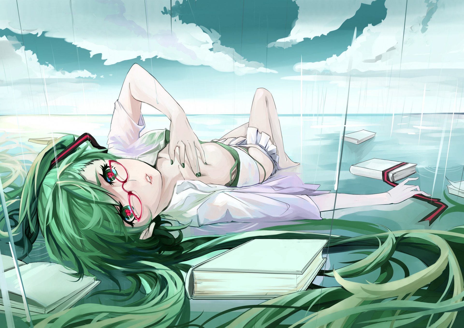 art pixiv id 4636150 vocaloid hatsune miku girl is view sunglasses books water rain sky cloud