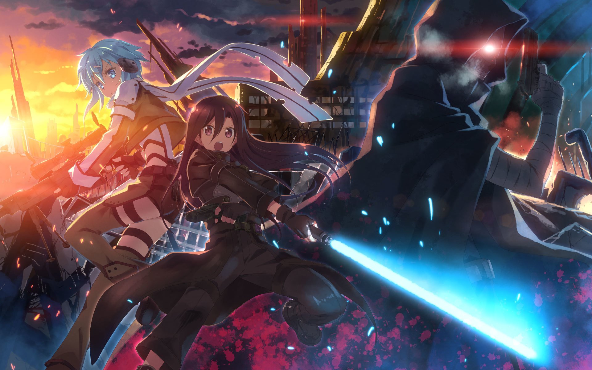 art yuuki tatsuya girls kirigaya kazuto asada shino guy death gun view gesture weapon mask fracture sword art online