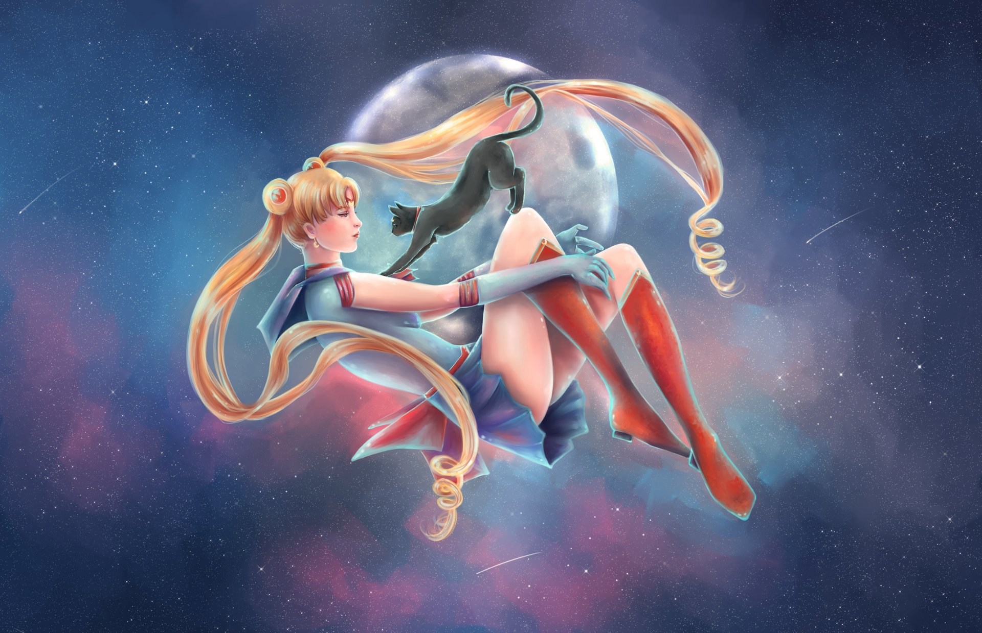 арт bishoujo senshi sailor moon усаги луна девушка матроска кот звезды