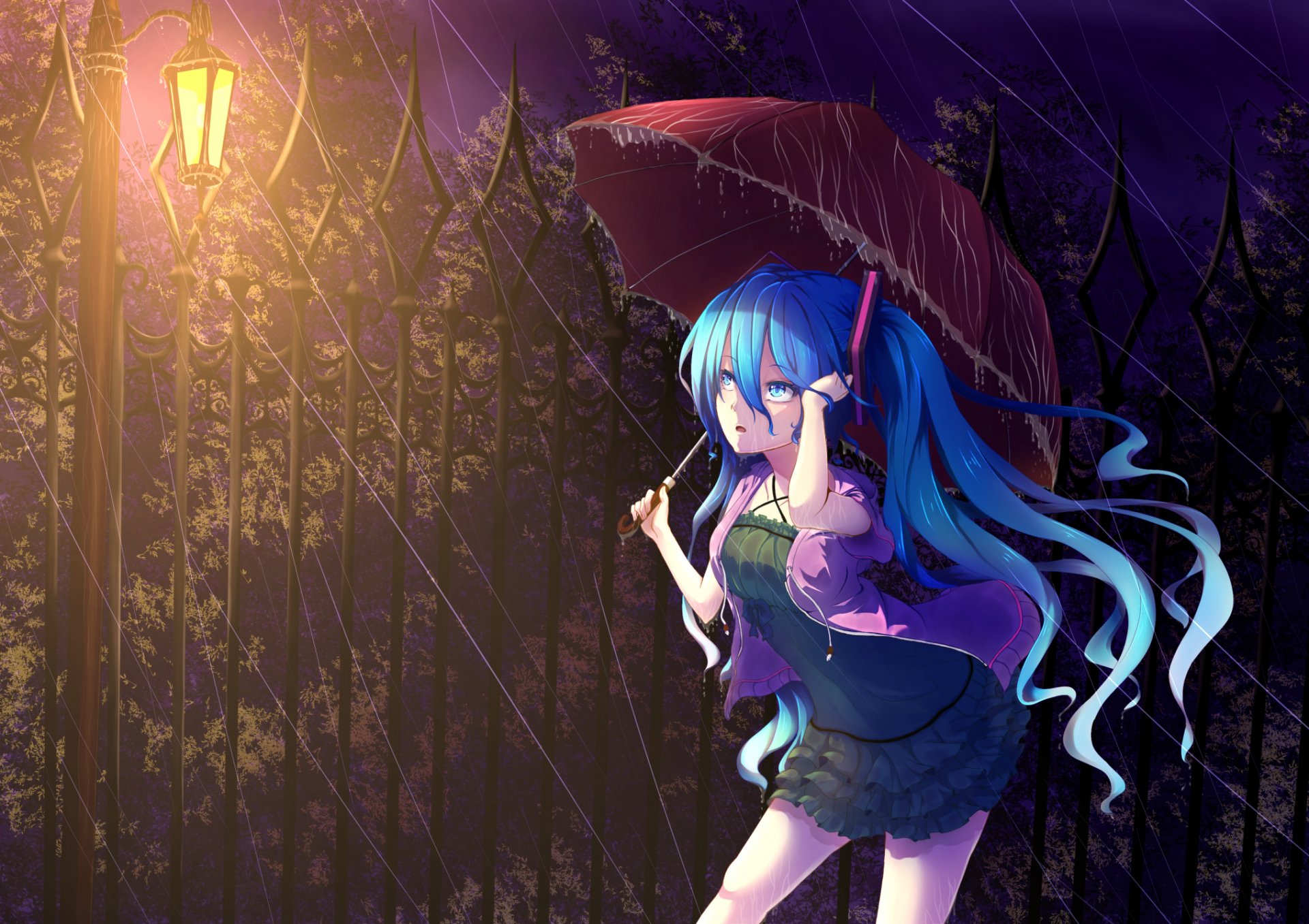 art fille hatsune miku surprise parapluie pluie nuit lanterne vocaloid vocaloid