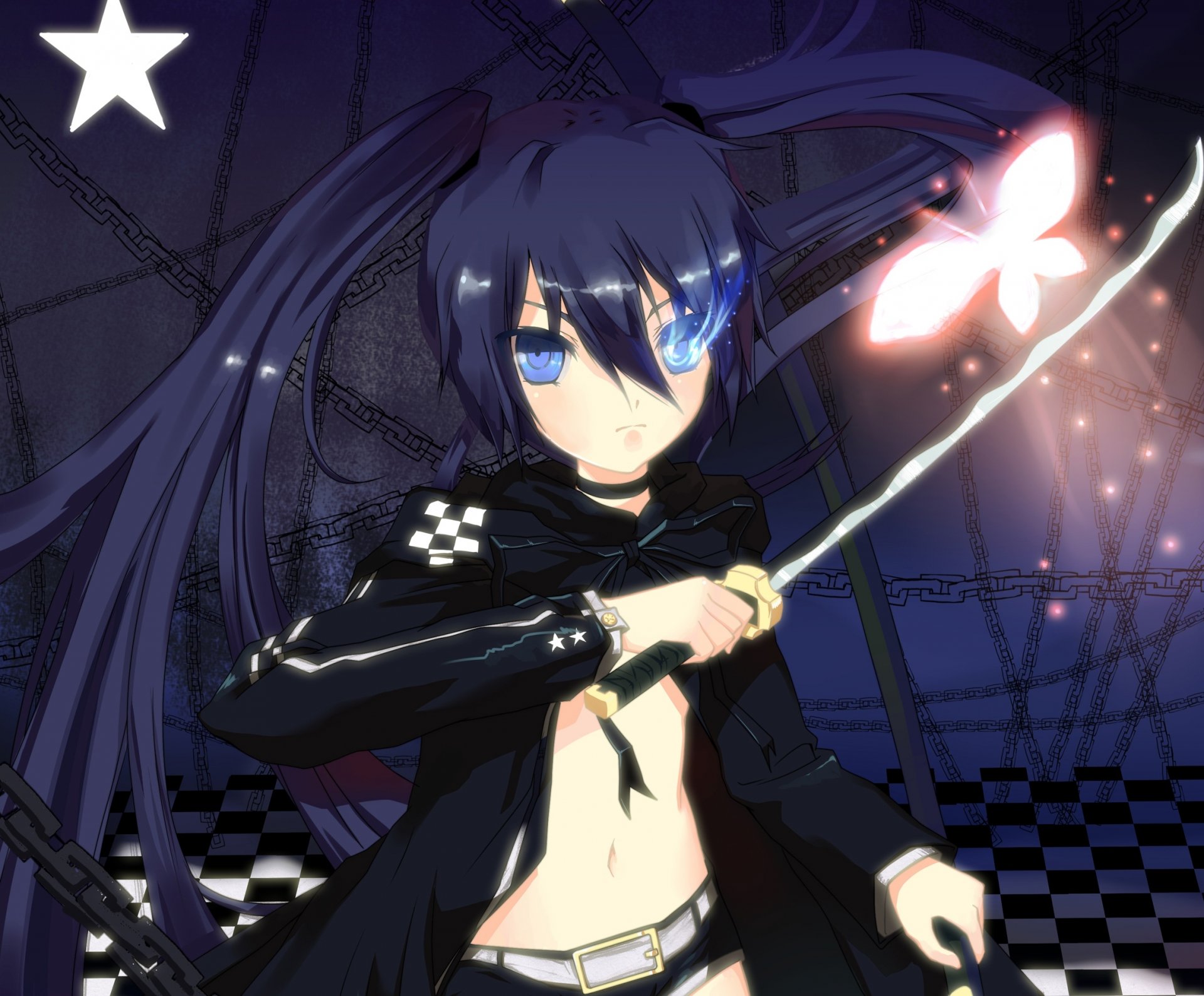 art gen 26 anime black rock shooter black rock shooter dziewczyna katana broń mato kuroi motyl gwiazdka łańcuchy