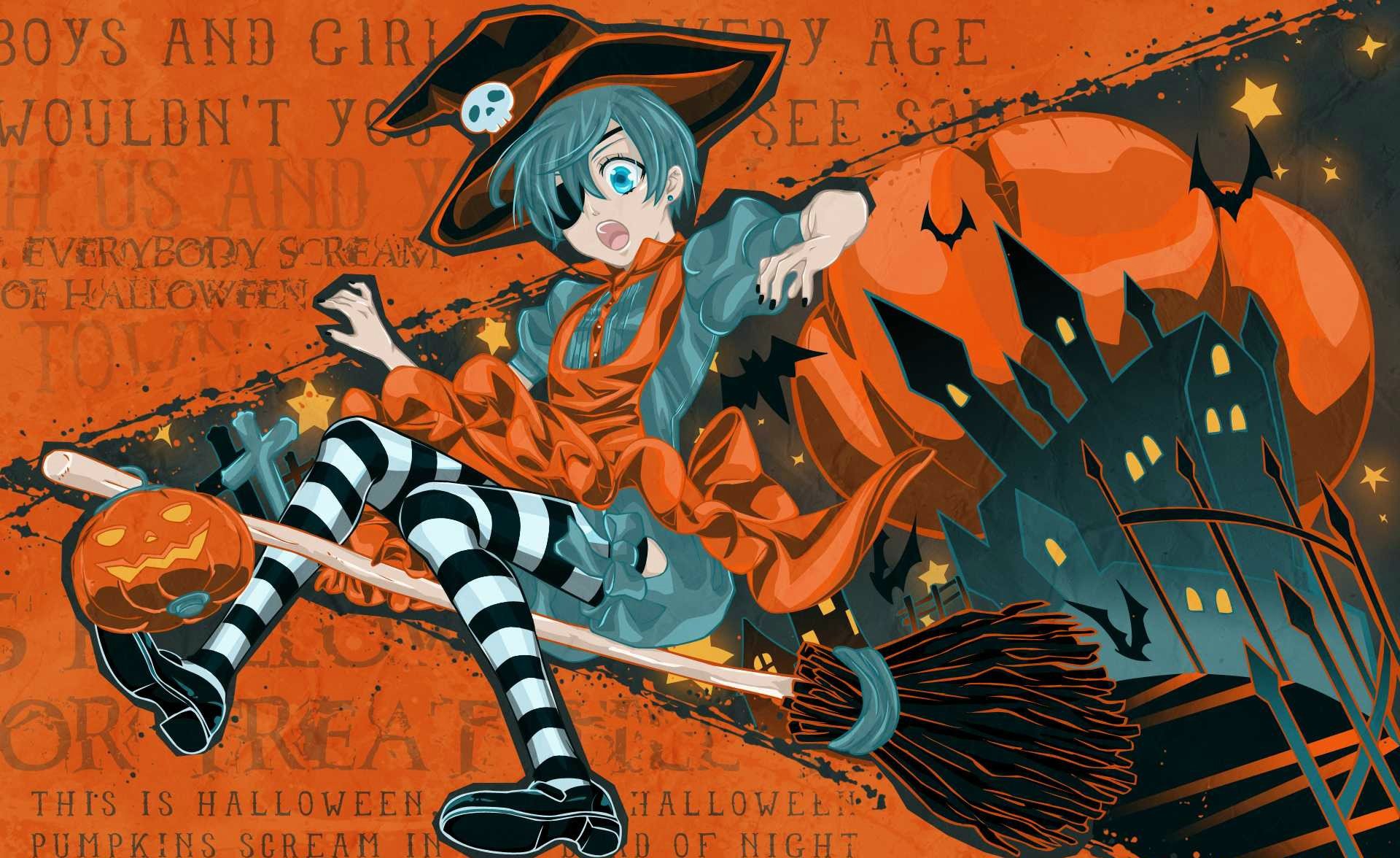 kuroshitsuji halloween ciel phantomhive broom pumpkin volatile mouse hat skull fear striped stockings cross castle apron