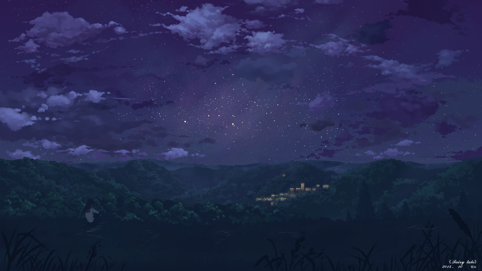 art yuuko-san girl schoolgirl night sky star nature tree town house lights form clouds anime