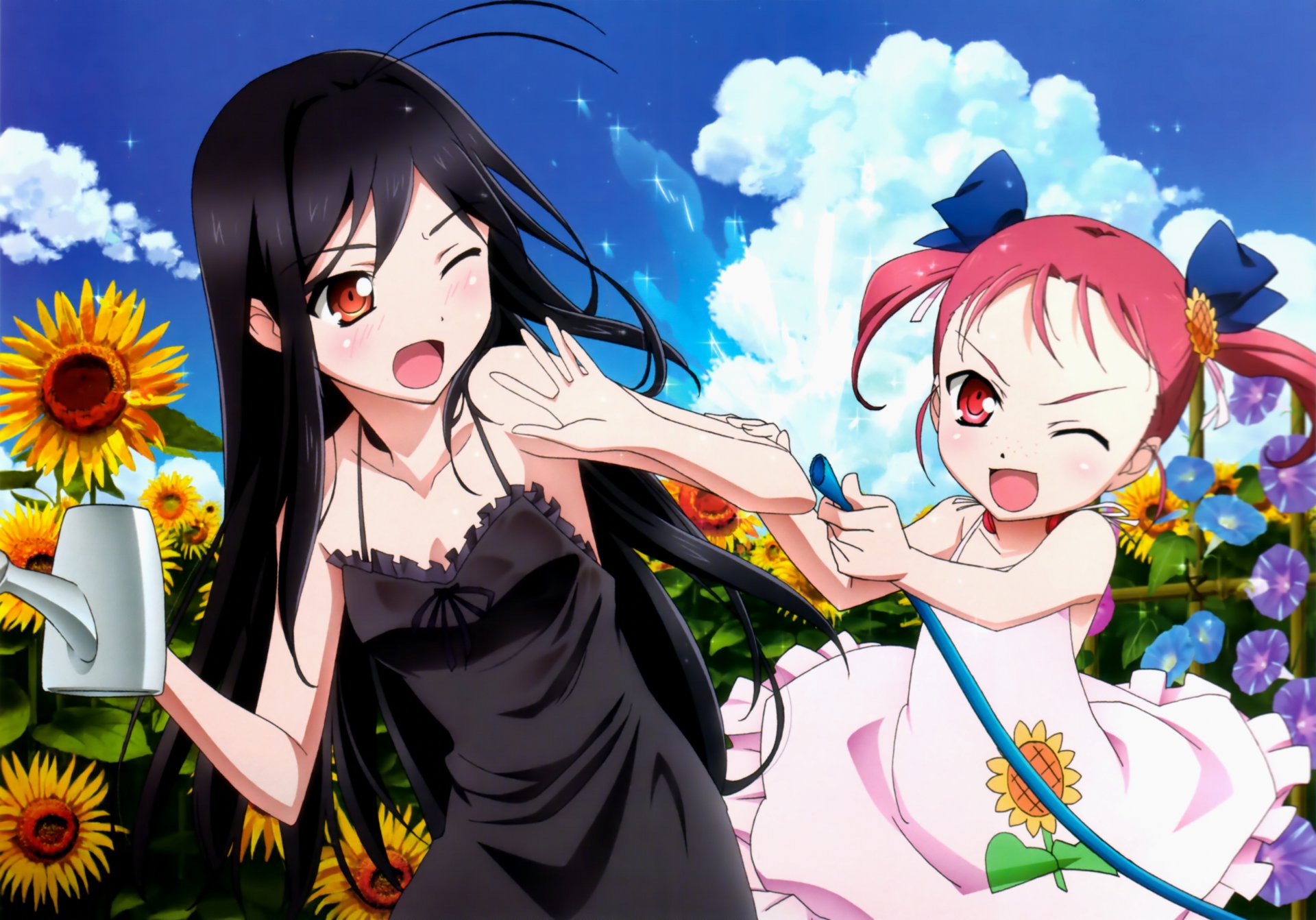 accel world kuroyukihime kouzuki yuniko девочки лето шланг лейка подсолнухи