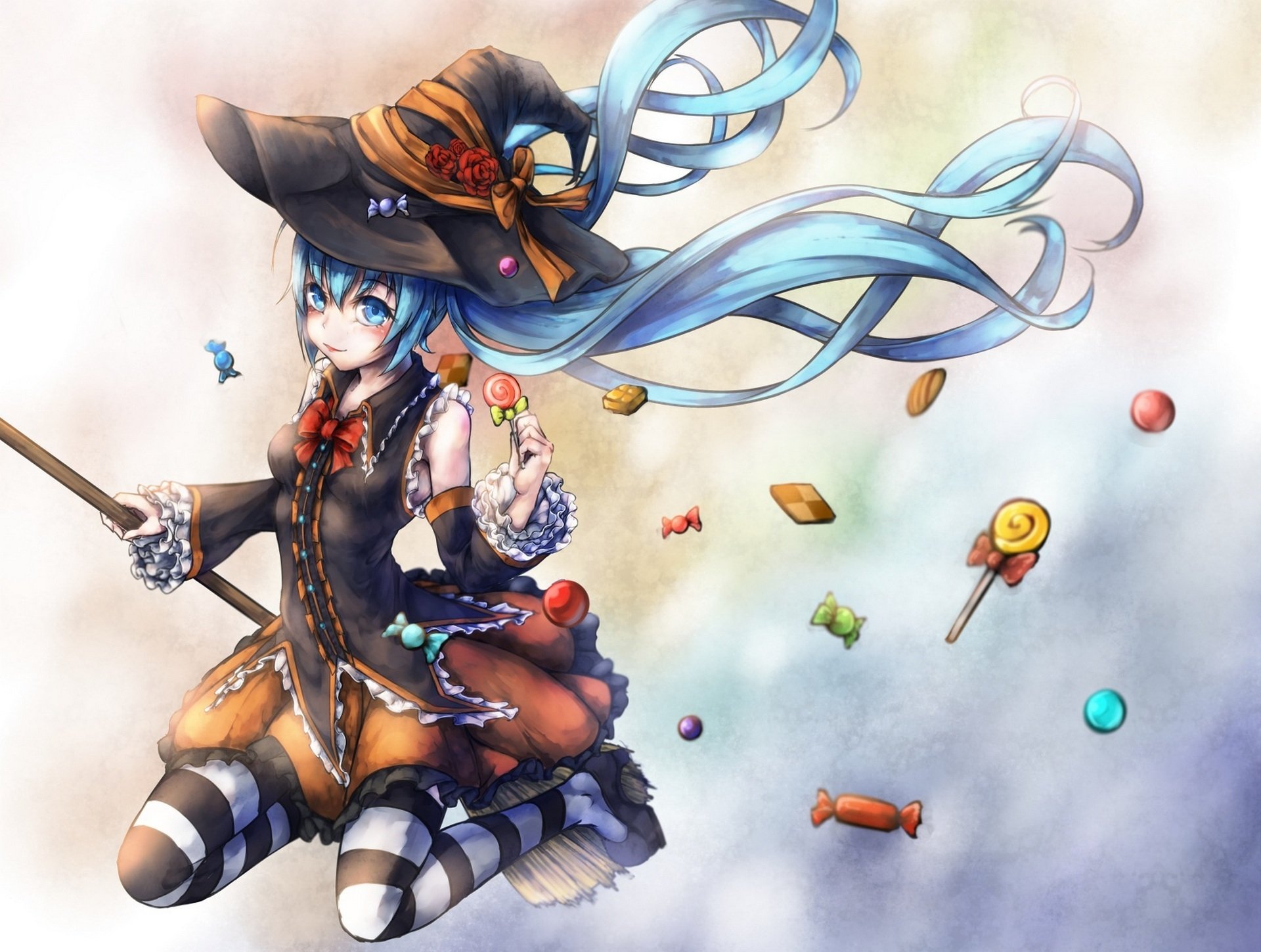 art kajaneko vocaloid hatsune miku girl holiday hat broom witch candy stockings english halloween anime