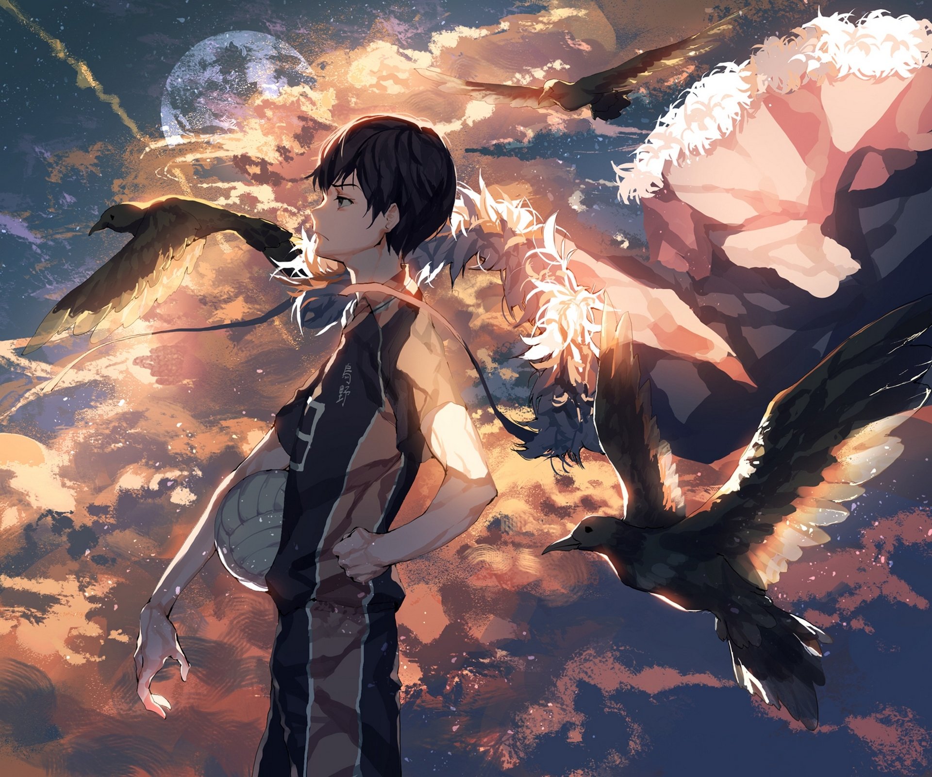 arte ser323 anime haikyuu voleibol tobio kageyama chico cielo puesta de sol pájaros bola