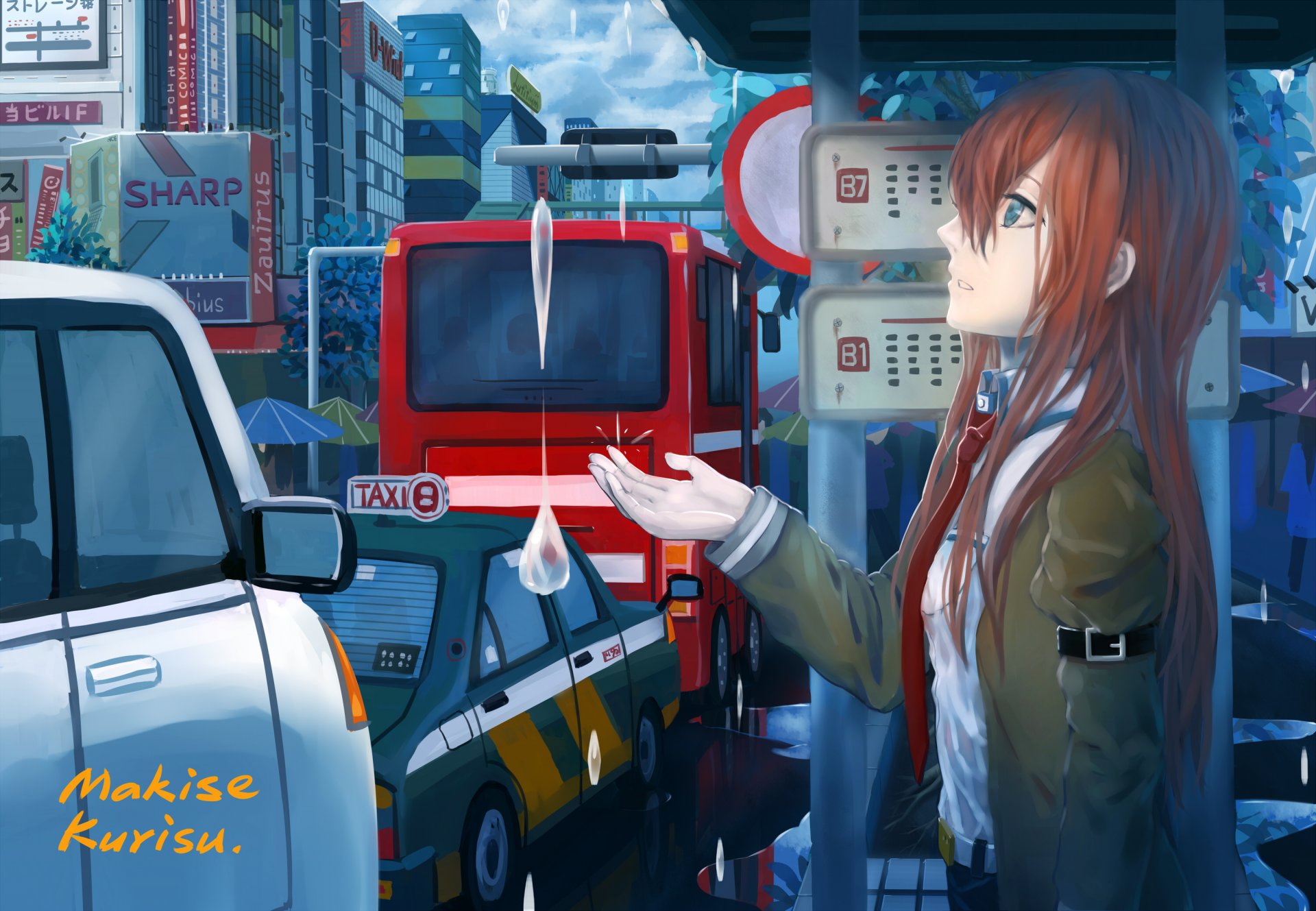 anime arte tazas; puerta makise kurisu chica mirada gotas parada autobús coches ciudad