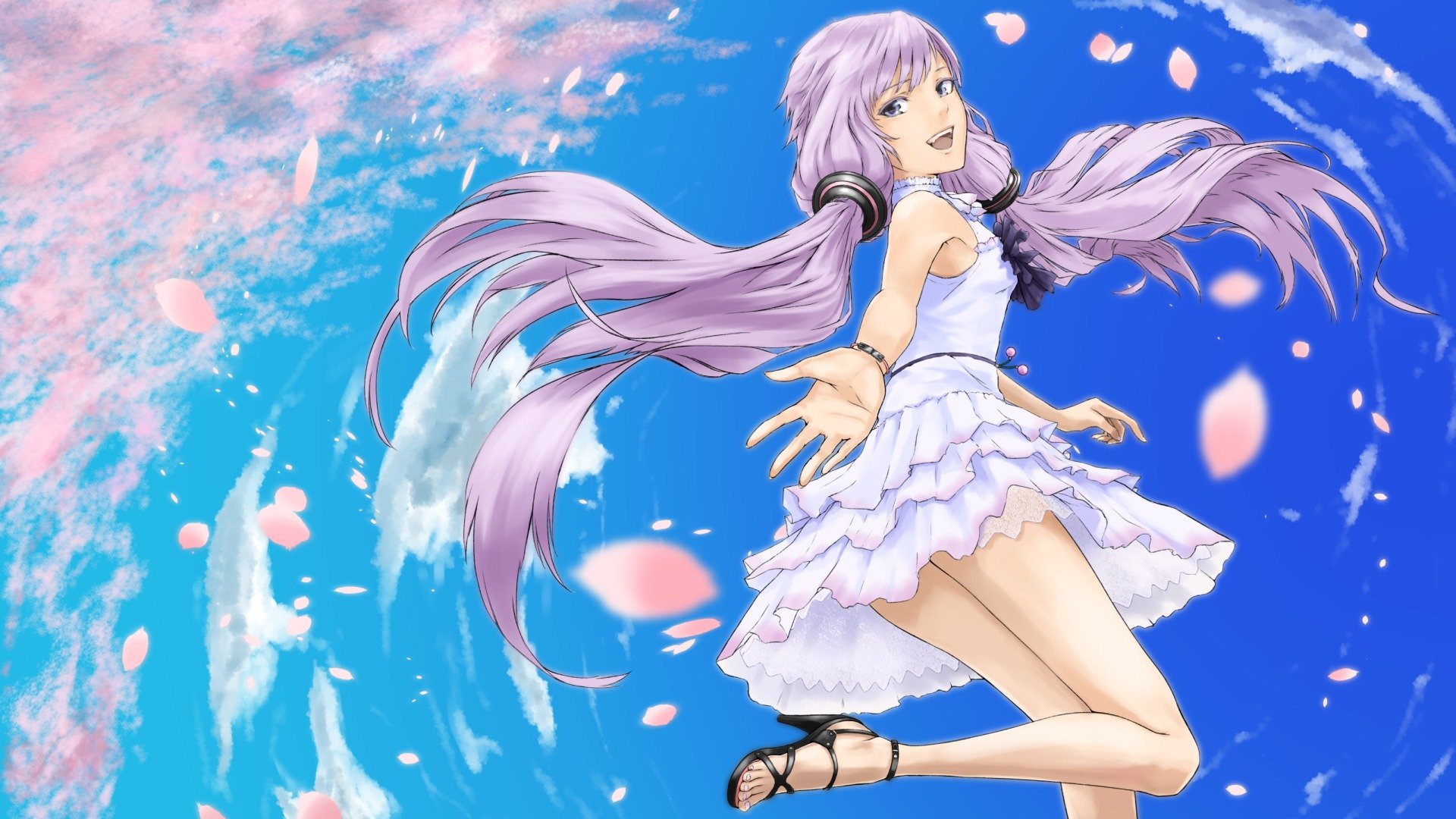 art din girl yuzuki yukari look joy gesture jump sakura sky vocaloid vocaloid