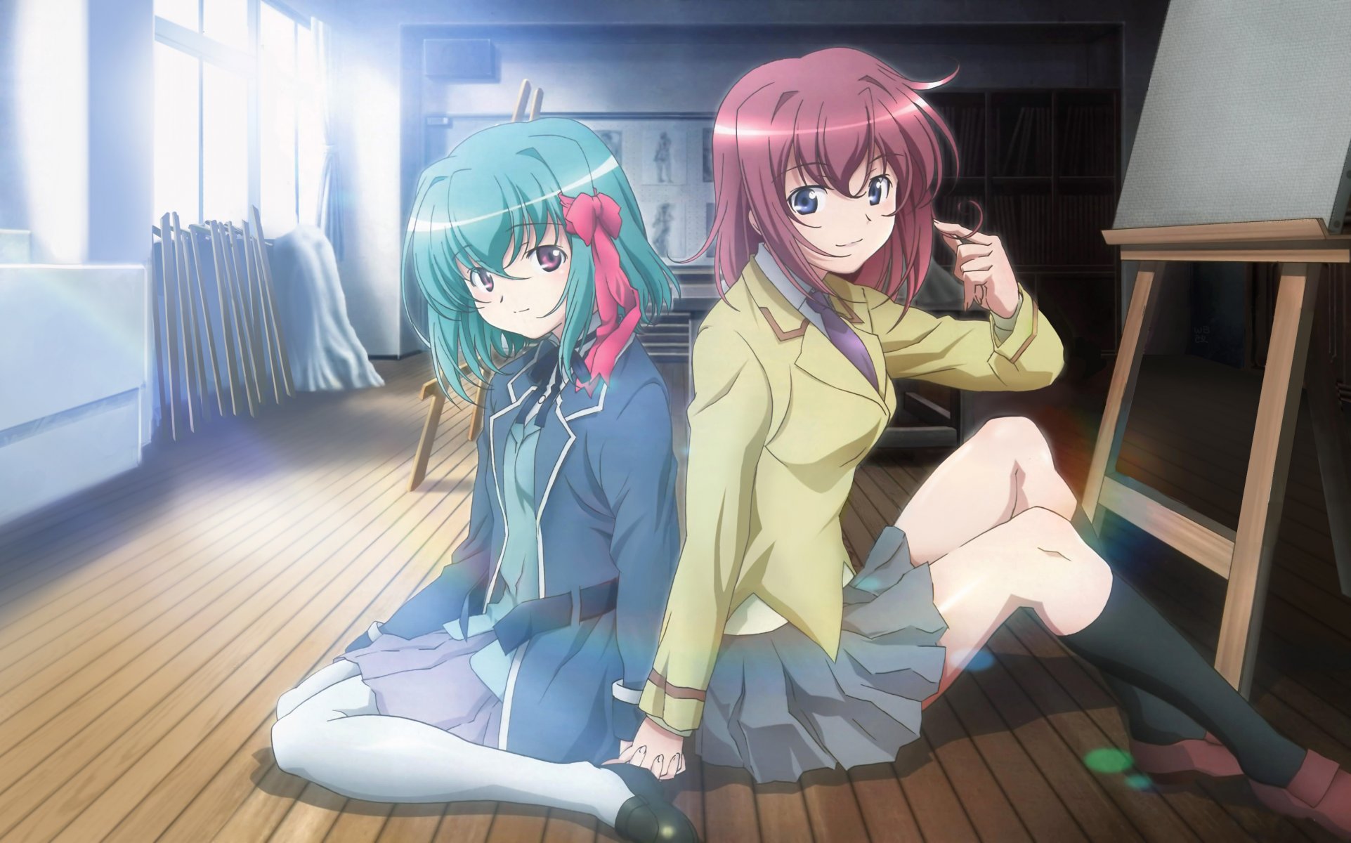 anime art rina tachibana shiika anmoto girls two watching floor classroom window light glare canva