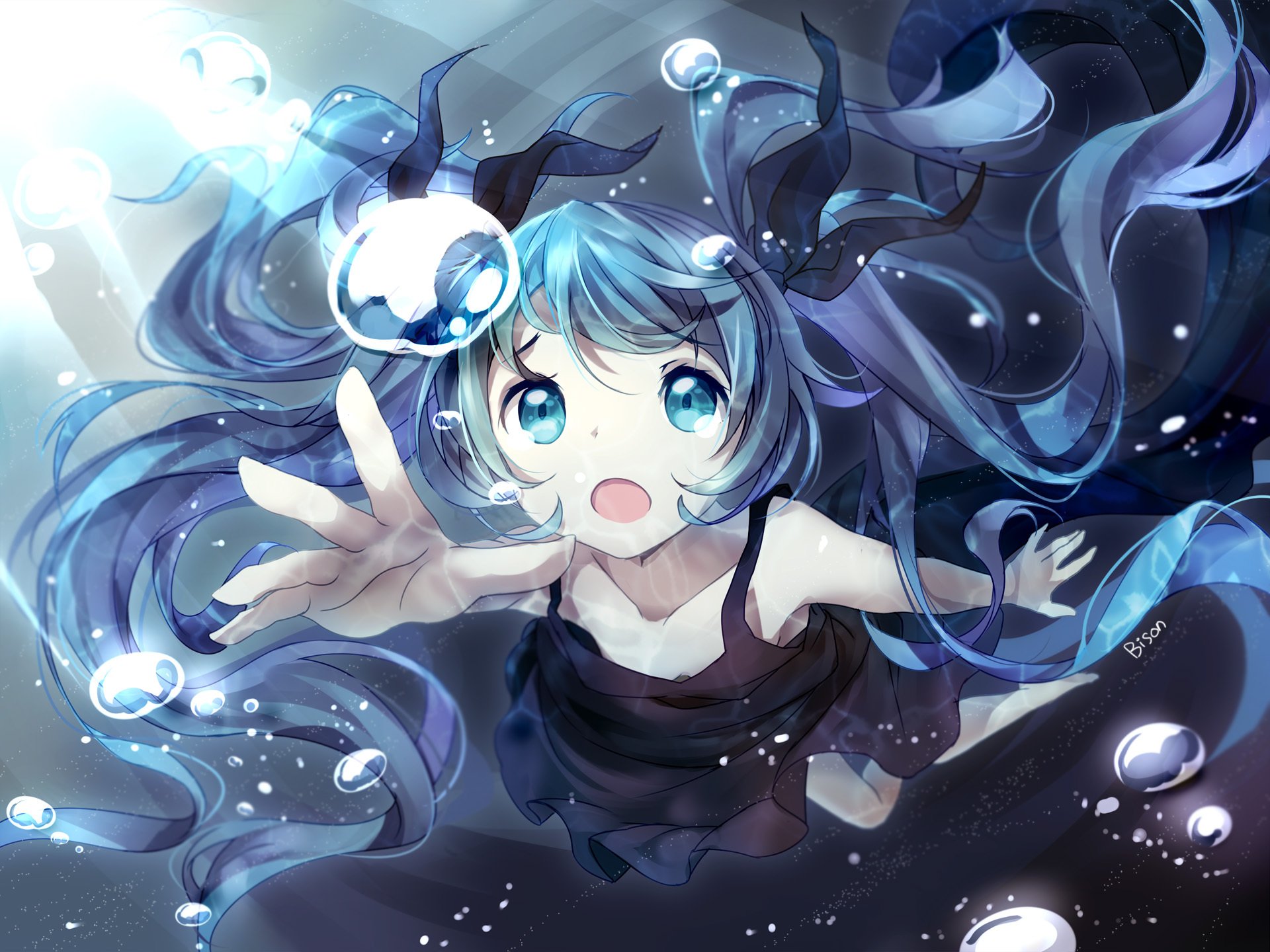 art bisonbison vocaloid hatsune miku girl under water bubbles light anime