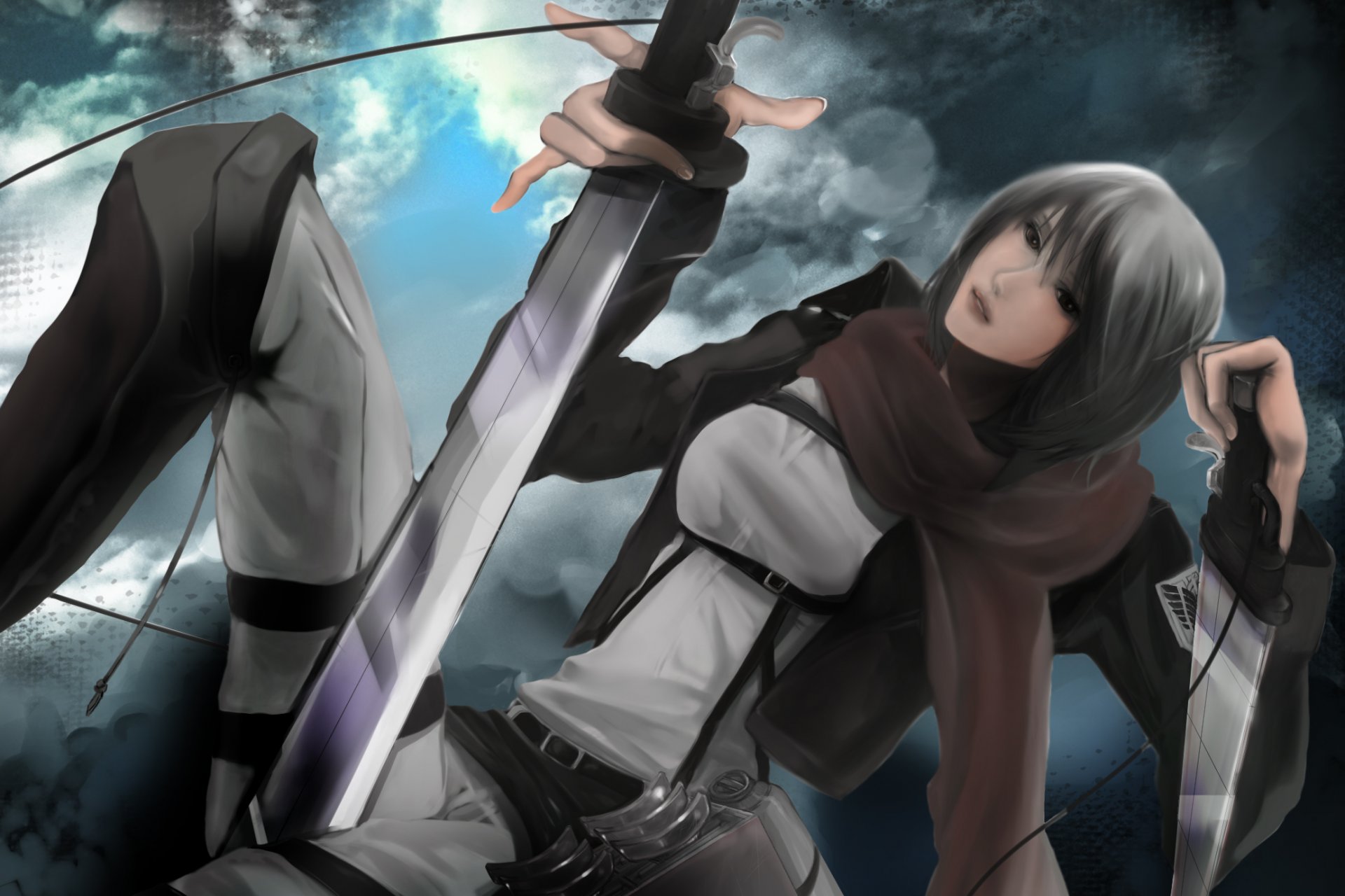 kunst mädchen mikasa ackerman klingen soldat fliegen befestigungen schal streifen kein shingeki kein kyojin