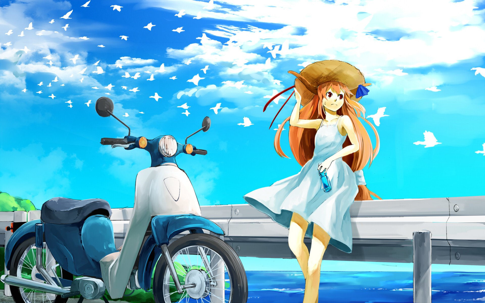 art nishiuri touhou ibuki suika girl moped hat birds gulls ocean sky clouds a bottle