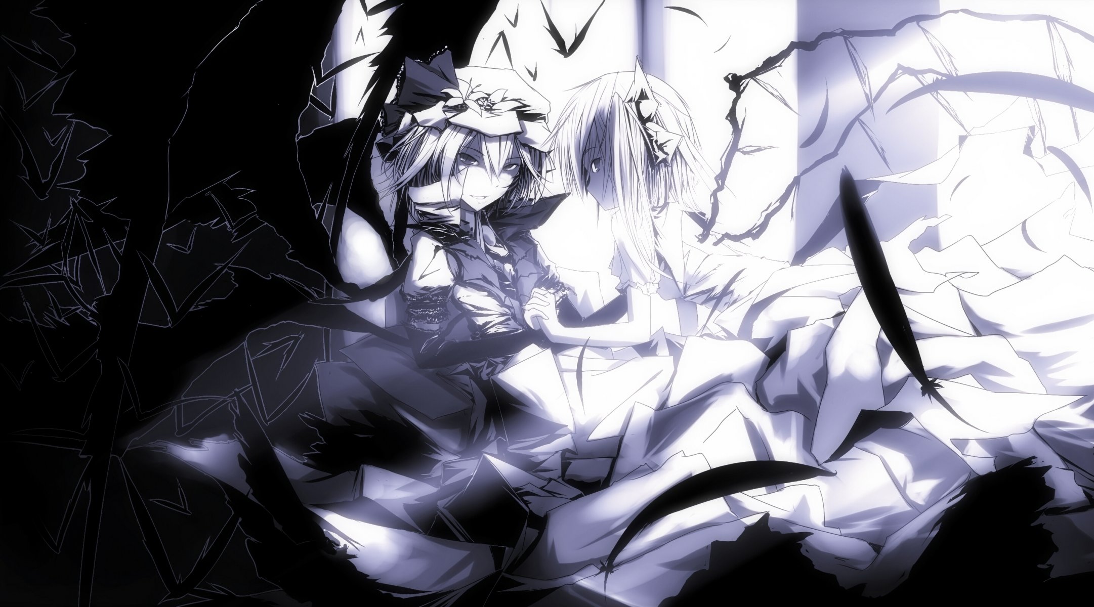 art tan carbone touhou flandre scarlet rémilia écarlate filles sœurs démons monochrome bonnet ailes cristaux plumes