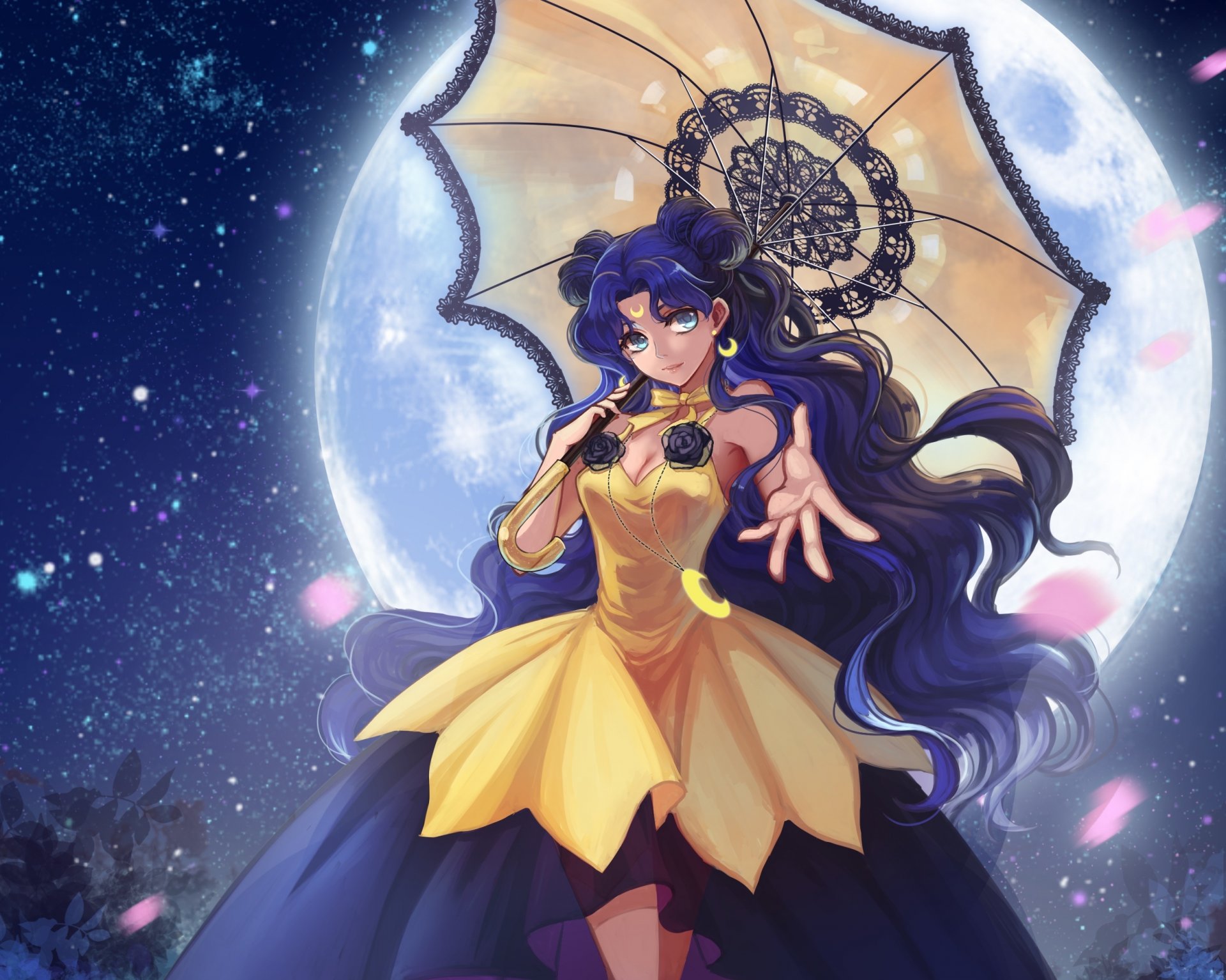 art douyougen anime bishoujo senshi sailor moon księżyc dziewczyna parasol noc płatki niebo gwiazdy