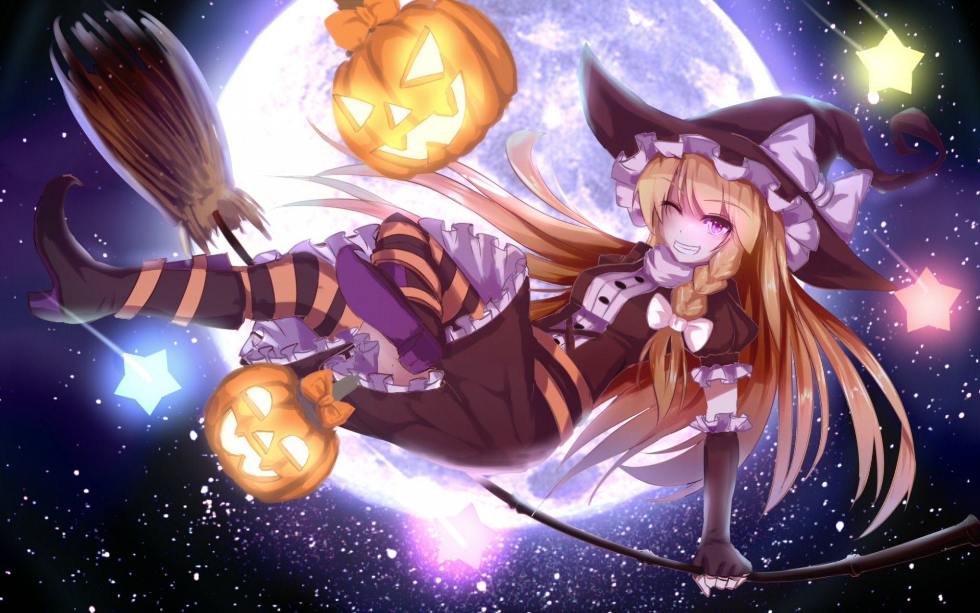 sztuka halloween touhou kirisame marisa dziewczyna księżyc dynie wakacje kapelusz wink gwiazdy niebo anime