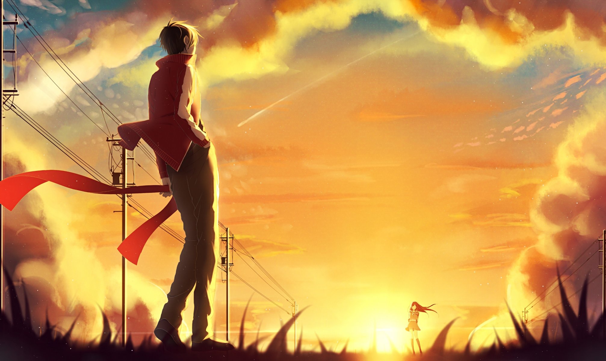 art p.rupon kagerou project kisaragi shintaro tateyama ayano girl guy sunset sky clouds scarf sun wire pillars anime