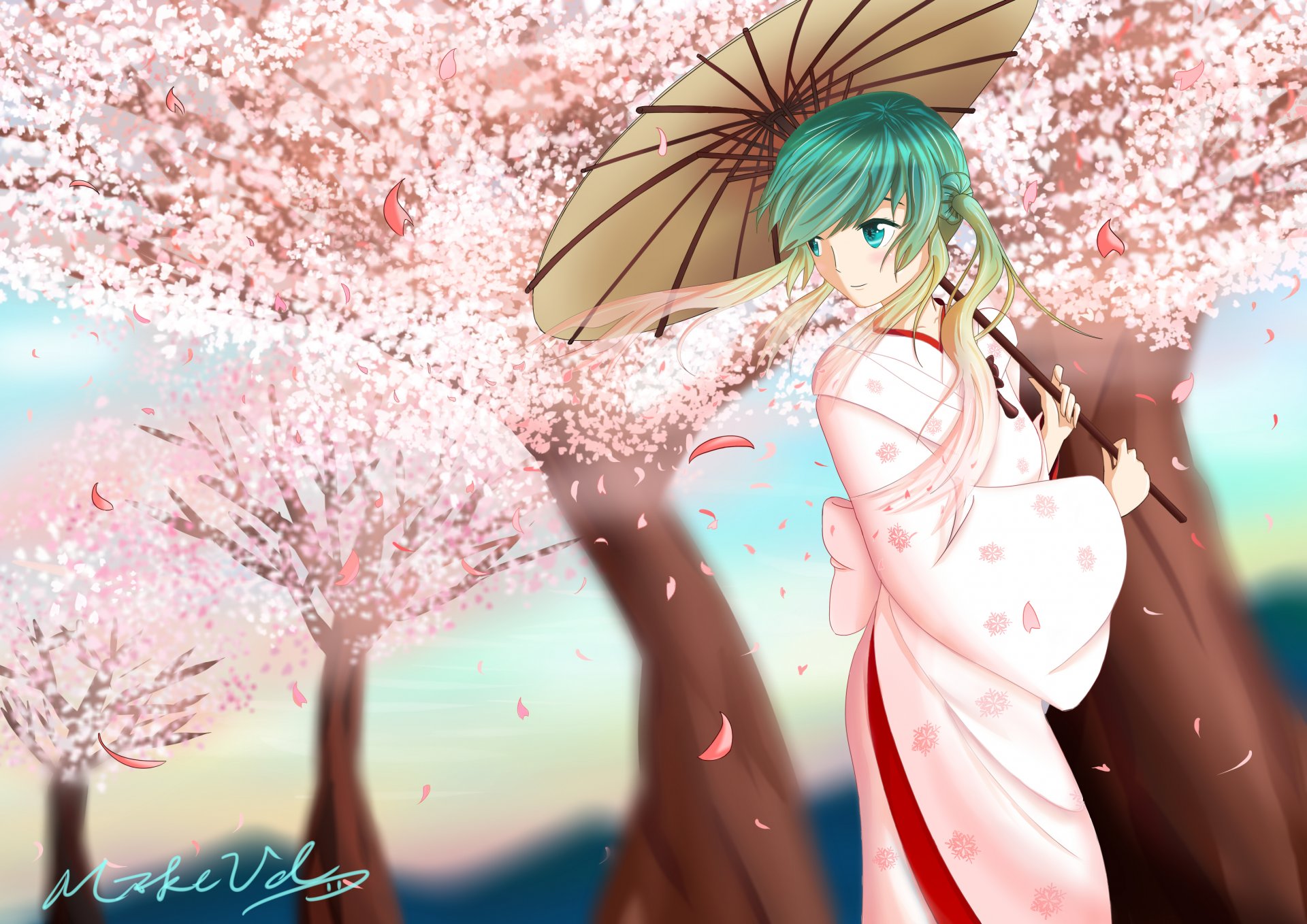 art vocaloid dziewczyna hatsune miku kimono parasol sakura vocaloid płatki drzewa