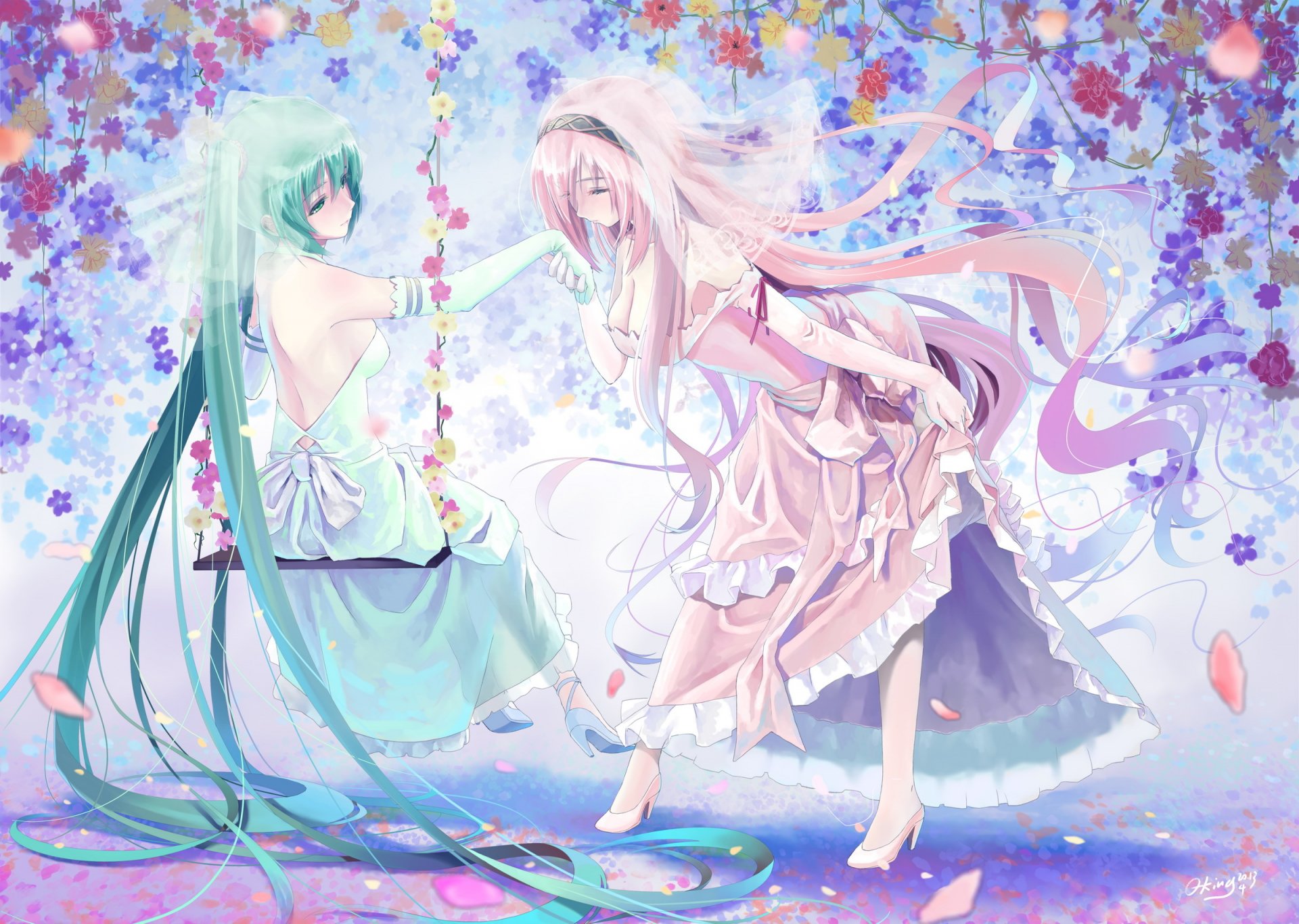 art okingjo girls hatsune miku megurine luka mood smile bow vocaloid vocaloid