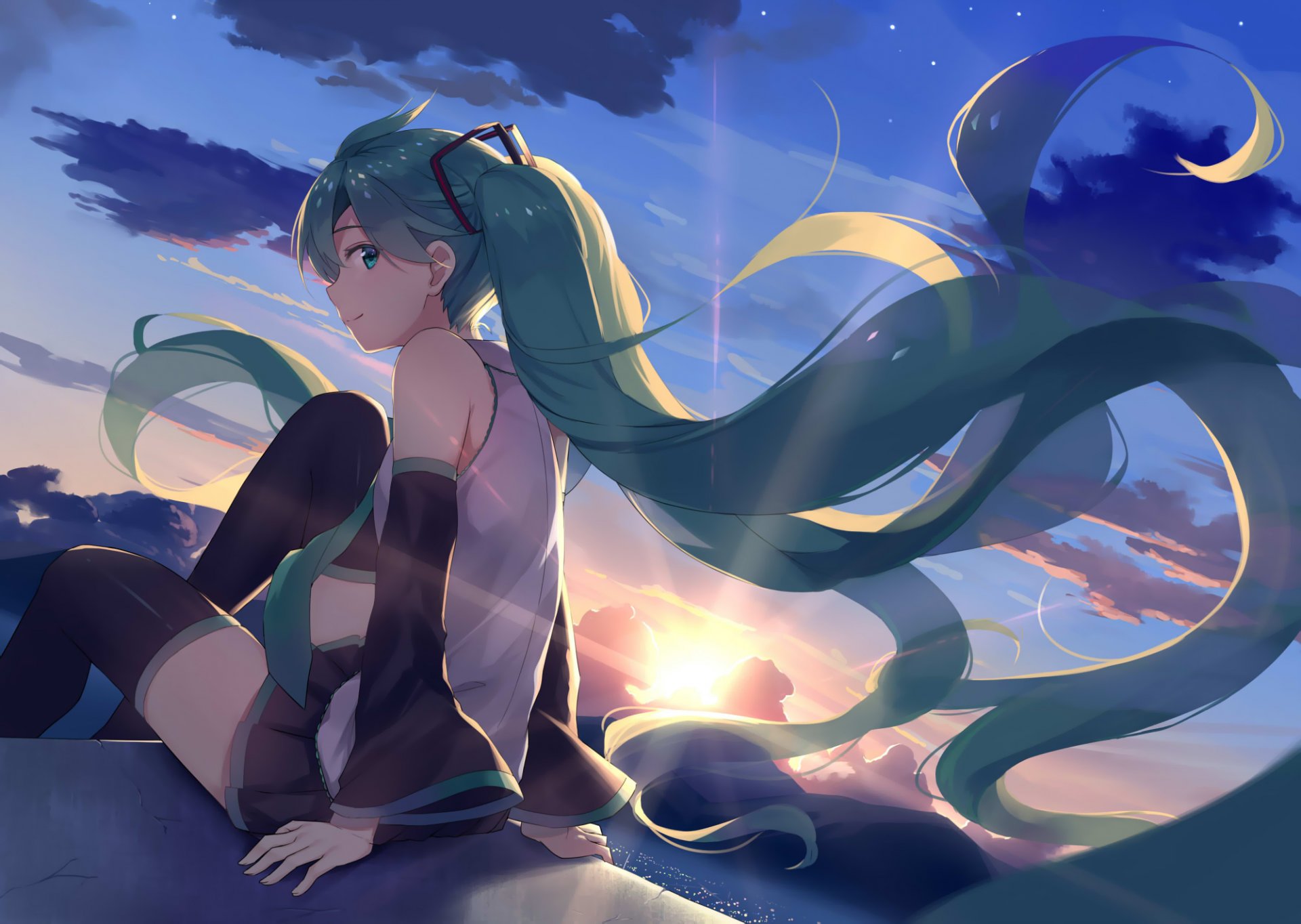 kunst alexmaster vocaloid hatsune miku mädchen lächeln sonnenuntergang himmel wolken anime