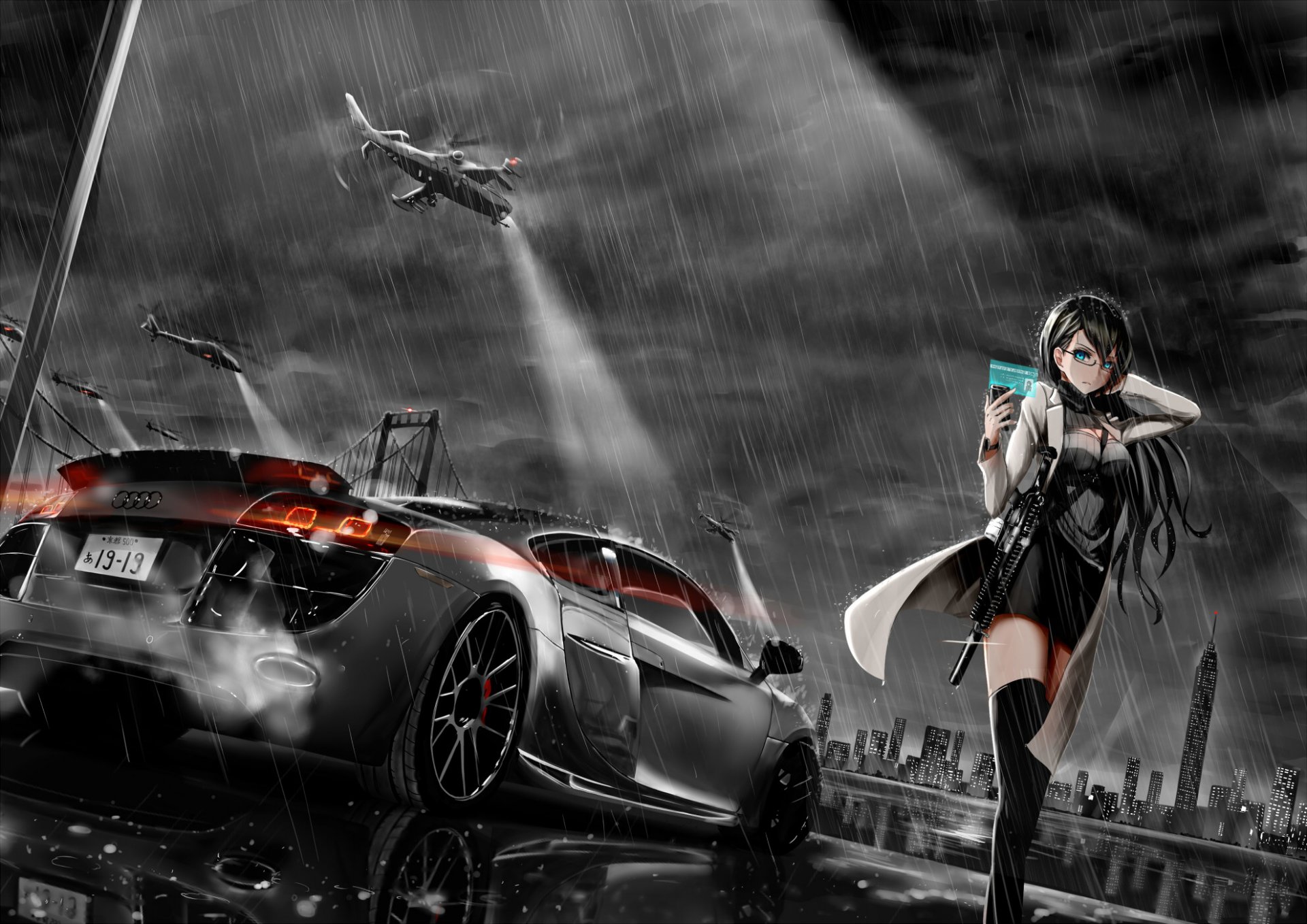 art girl helicopters rain phone machine audi sky clouds anime