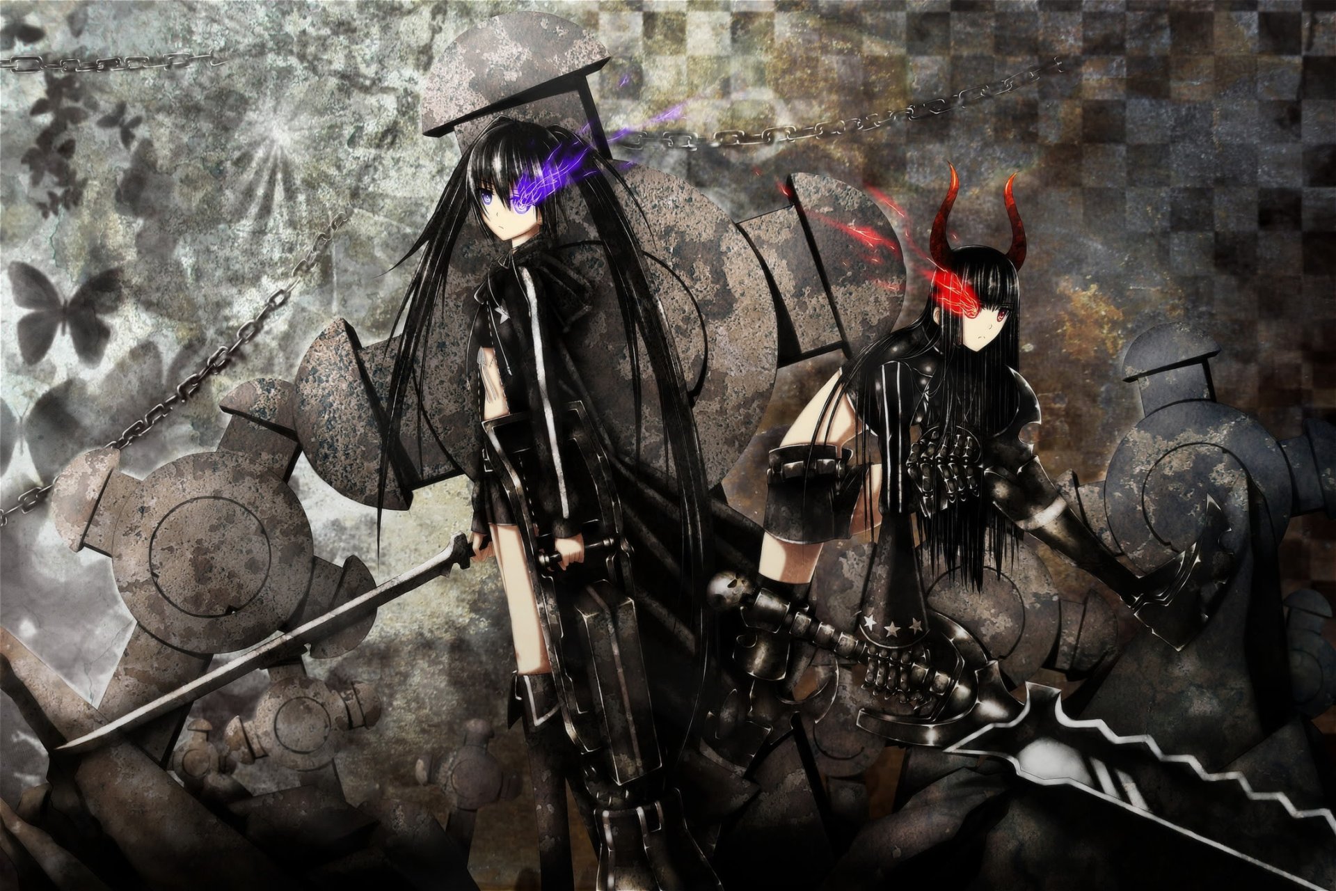 art swordsouls anime black rock shooter black rock shooter black gold saw mato kuroi filles cornes arme épée