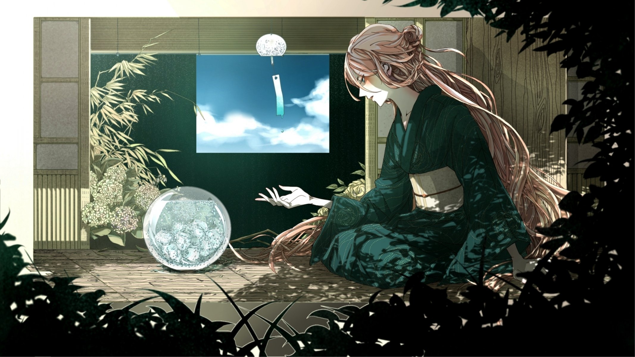 kunst rakeru fleedo vocaloid ia mädchen wasser pflanzen himmel wolken vocaloid kimono haus