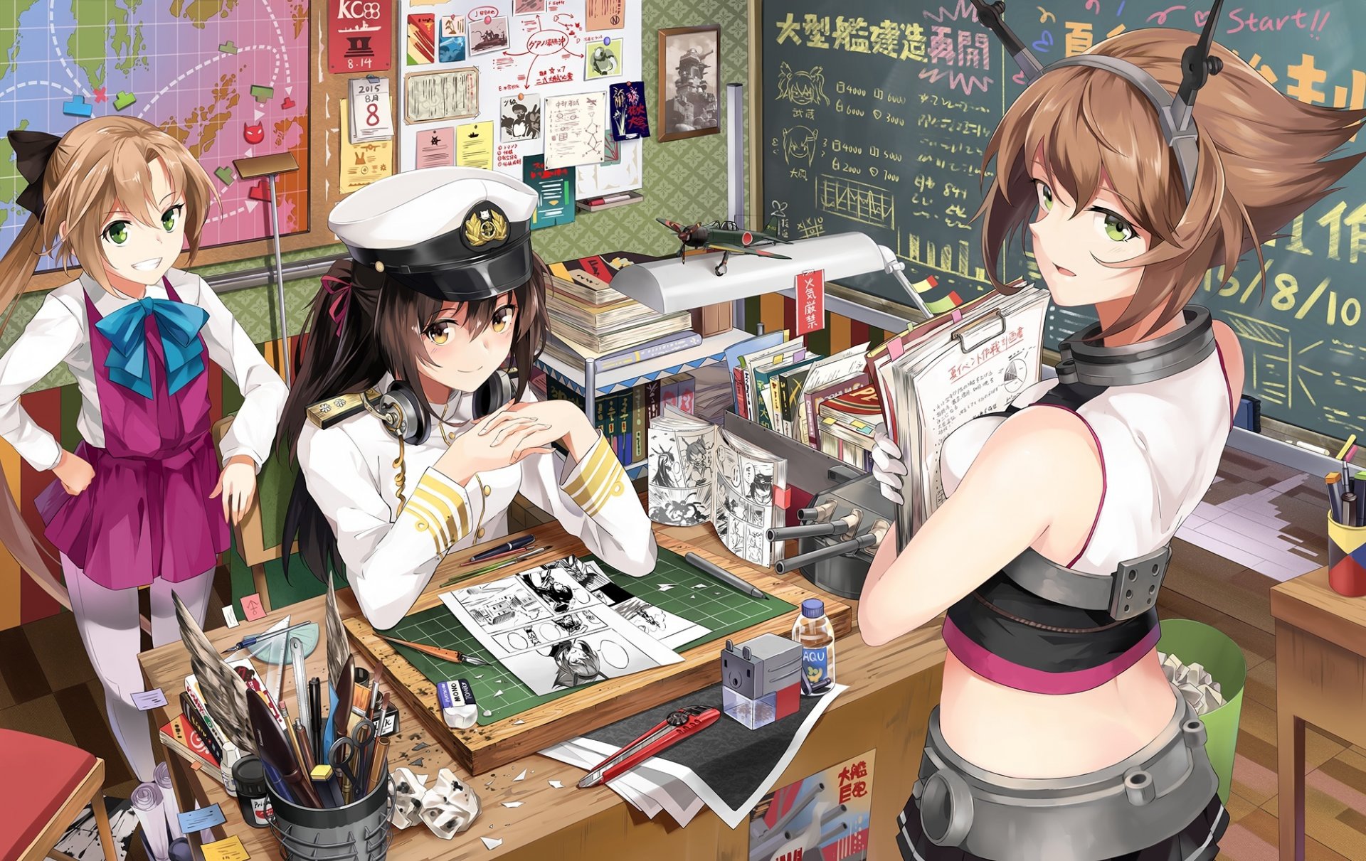 arte neko yanshoujie collezione kantai ammiraglio akigumo mutsu ragazze berretto sorriso bordo fogli anime