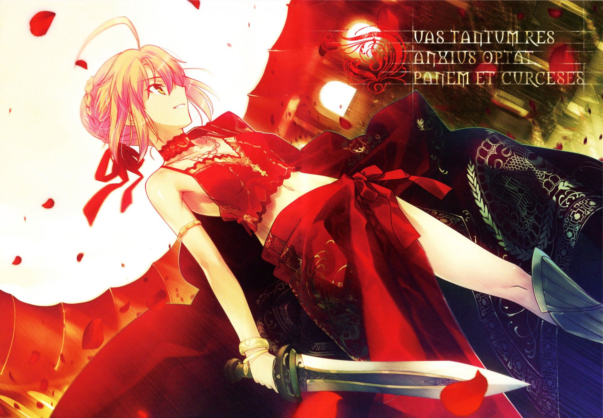 takeuchi takashi arte fate / extra fate / stay night sciabola sciabola extra ragazza vestito pugnali petali sorriso iscrizione