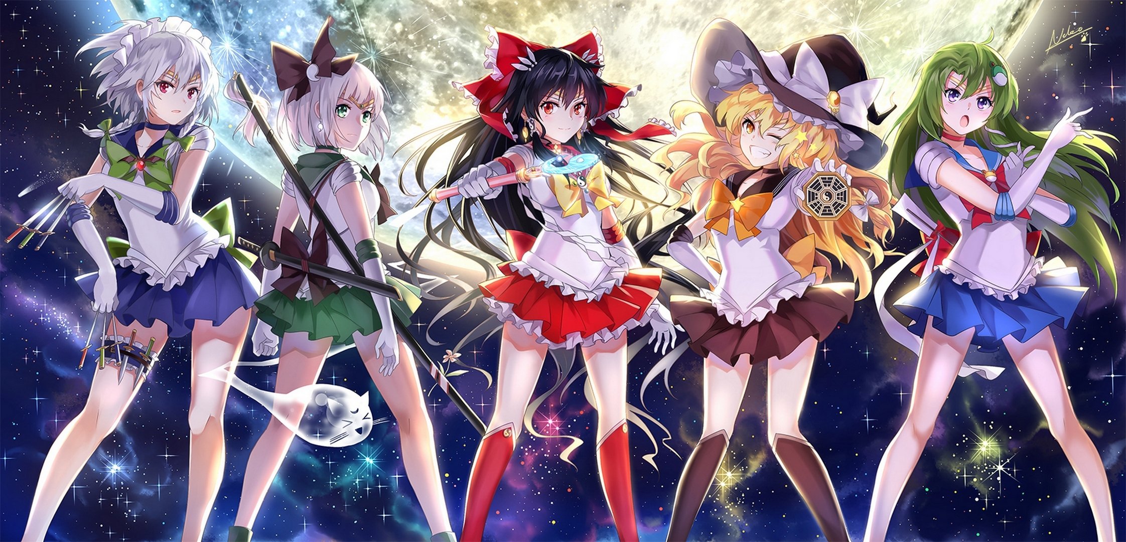 sztuka neko yanshoujie sailor moon touhou hakurei reimu izayoi sakuya kirisame marisa kochiya sanae kompaku mu myon dziewczyny broń noże warkocze księżyc noc niebo kapelusz różdżka anime