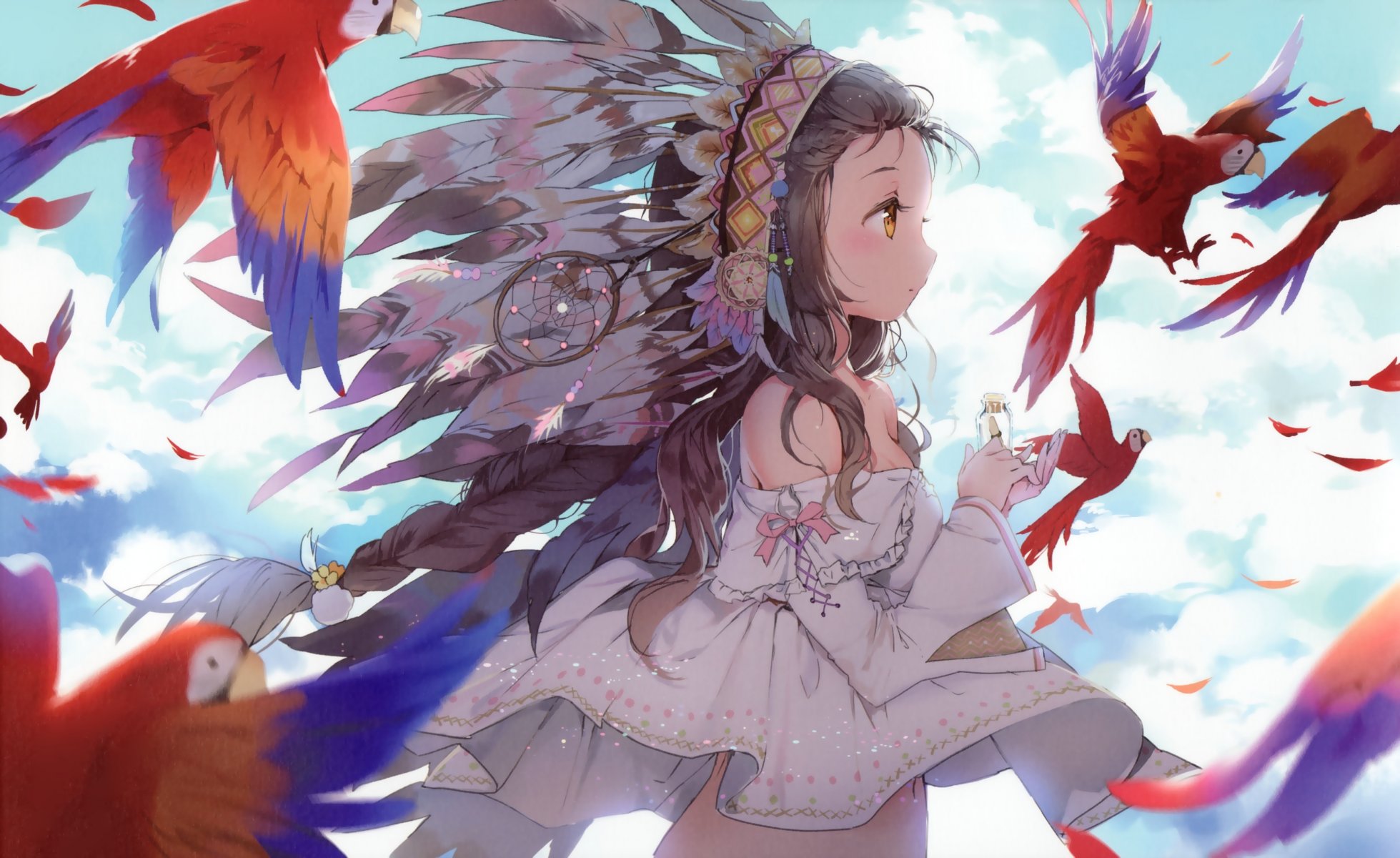 arte anmi chica loros plumas cielo nubes botella anime