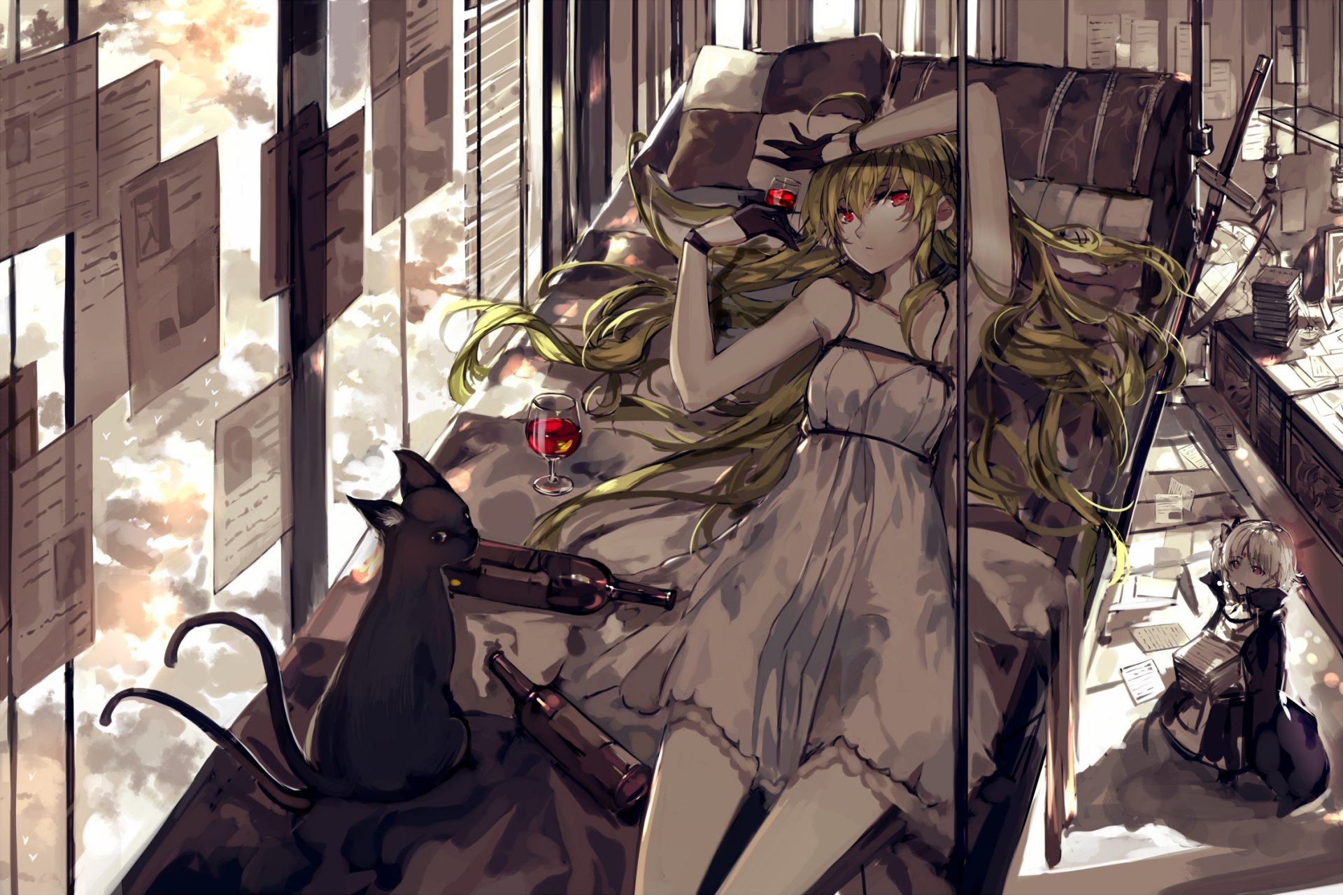 kunst saberiii pixiv fantasie armeechef mädchen liegt blick rote augen chibi waffe schwert kleid katze flaschen glas wein sofa papier fenster einrichtung